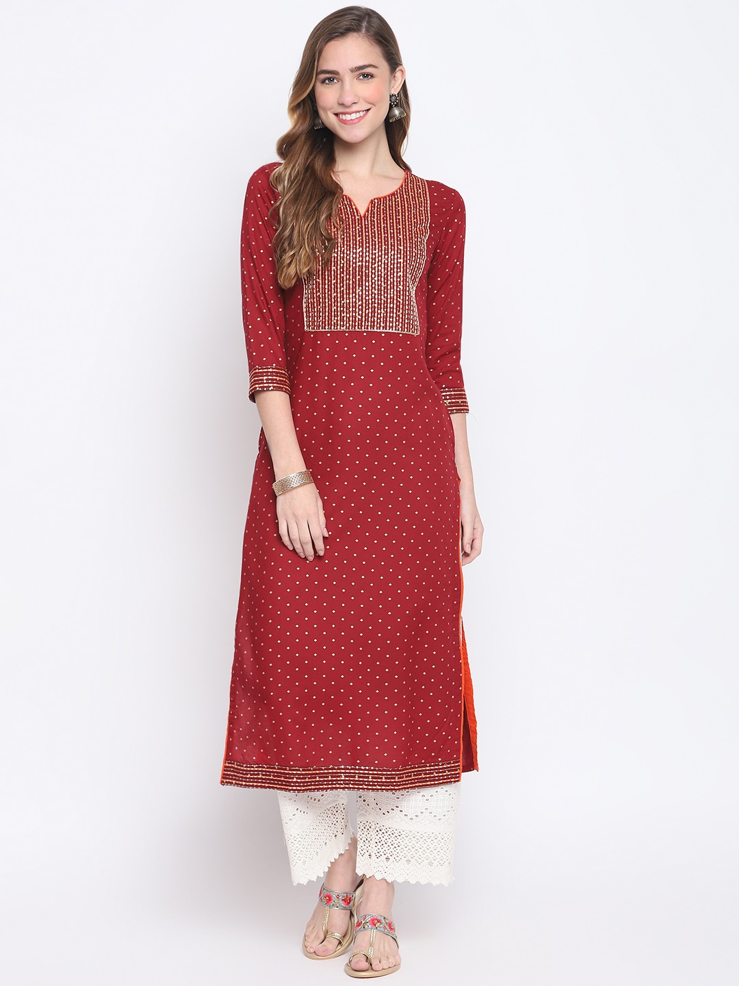 

FASHION DEPTH Women Maroon & Gold-Toned Geometric Embroidered Kurta