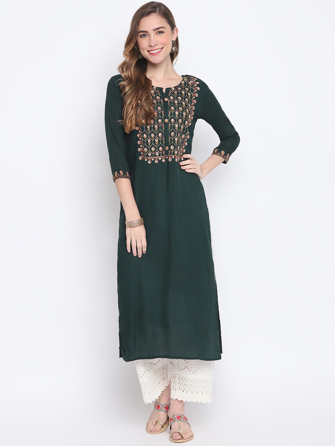 

FASHION DEPTH Women Green Embroidered Kurta