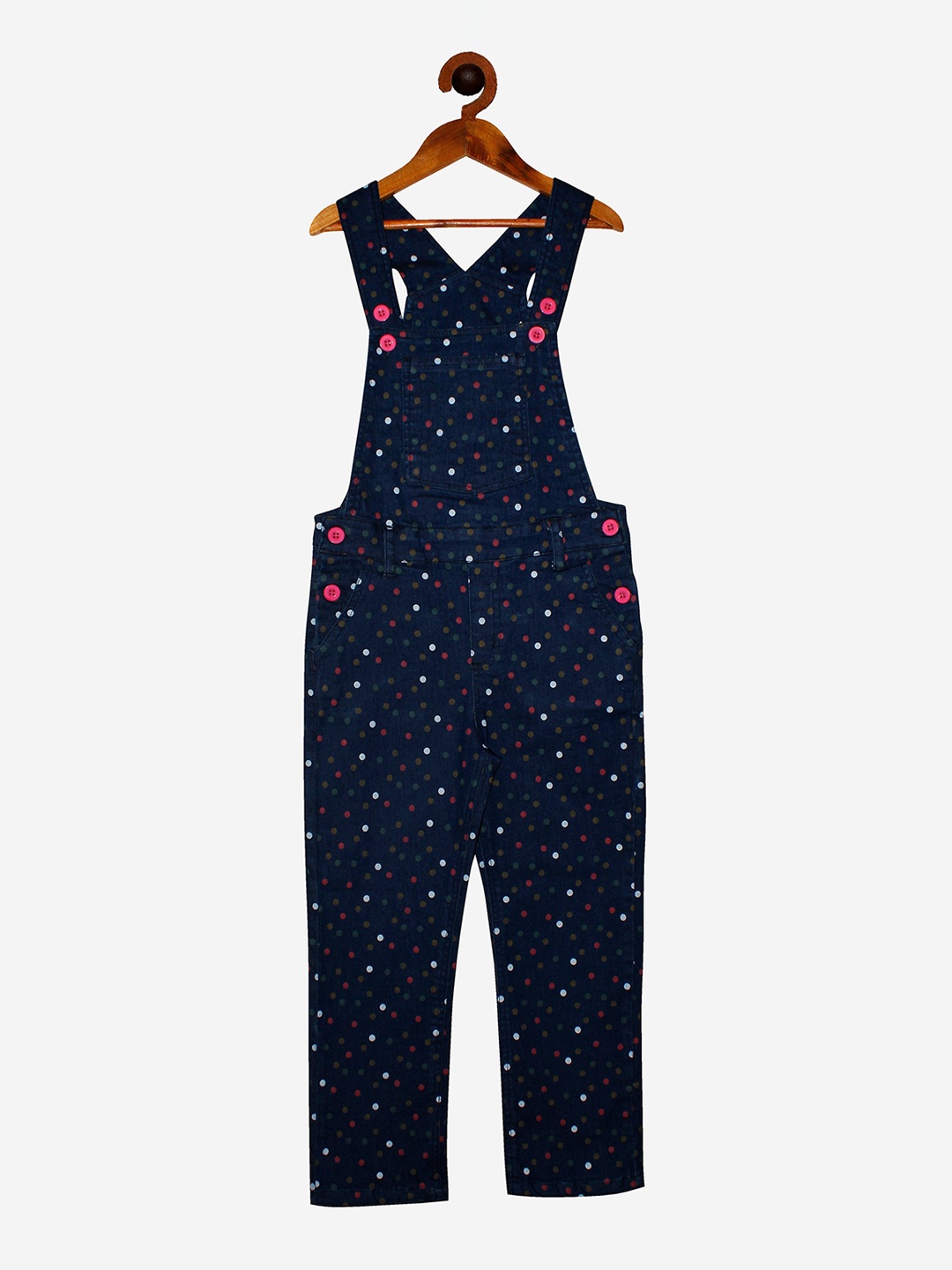 

KiddoPanti Girls Navy Blue Polka Dots Denim Straight Leg Dungarees