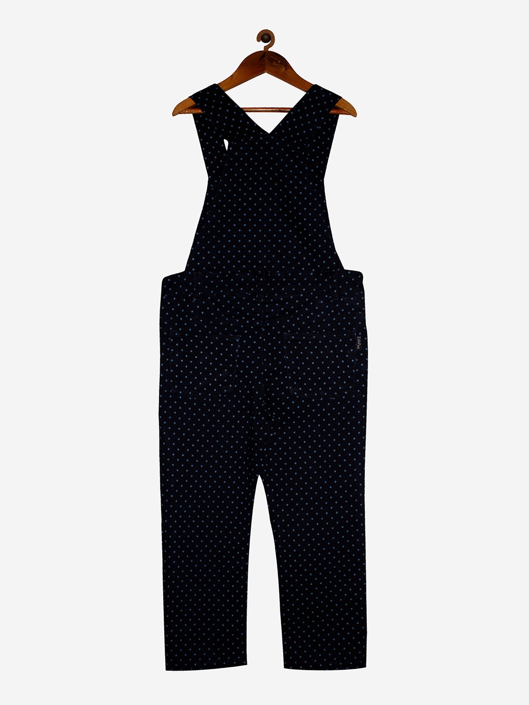 

KiddoPanti Girls Navy Blue Polka Dot Printed Denim Dungarees