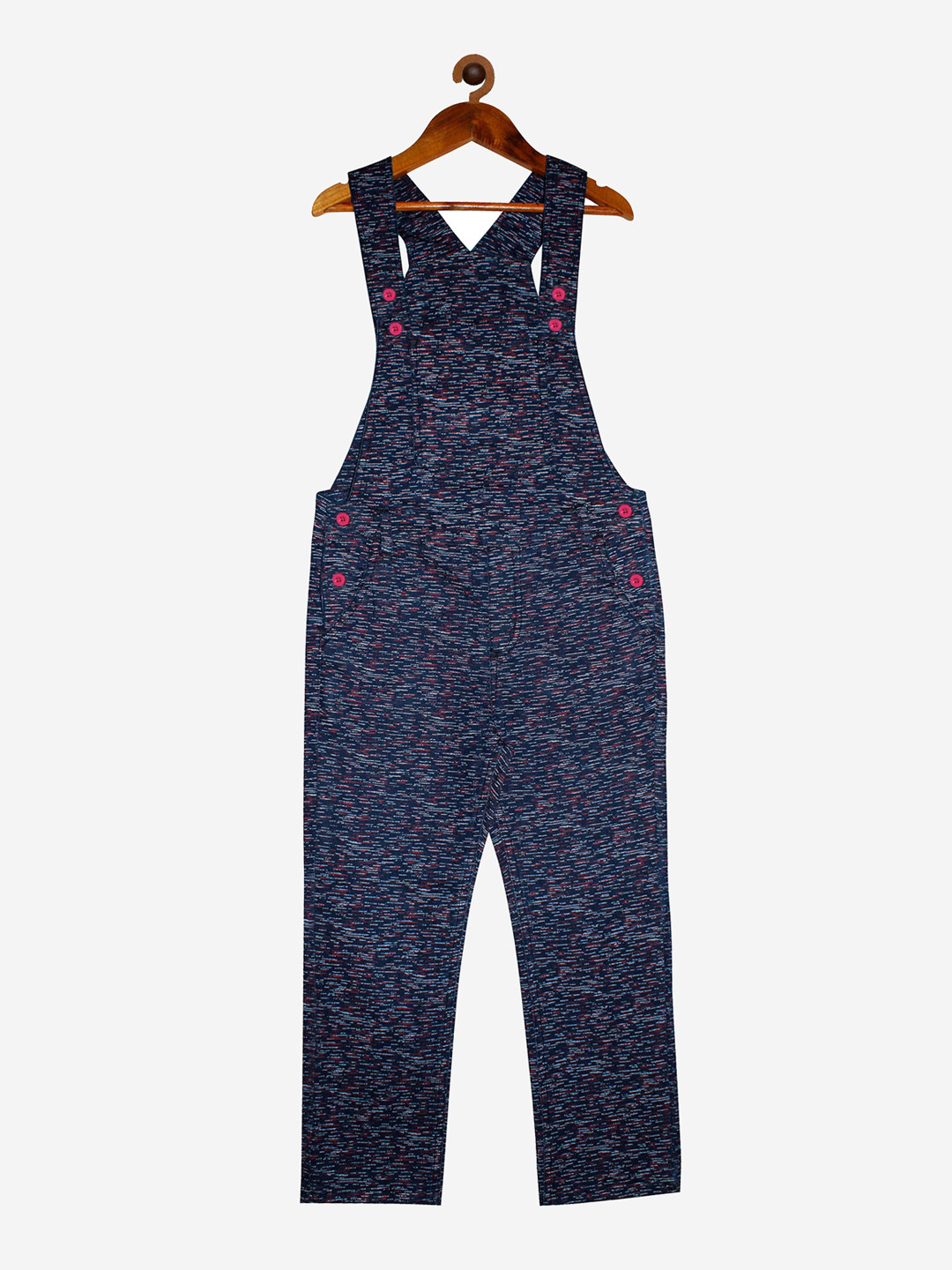

KiddoPanti Girls Blue Printed Straight Leg Full Length Denim Dungarees