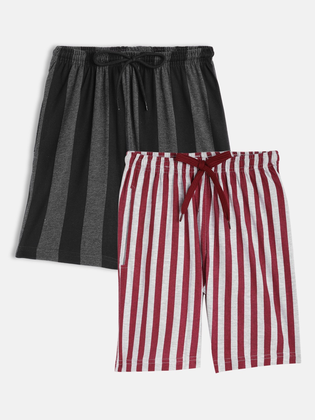 

SEYBIL Girls Grey Melange & Magenta Set Of 2 Striped Lounge Shorts