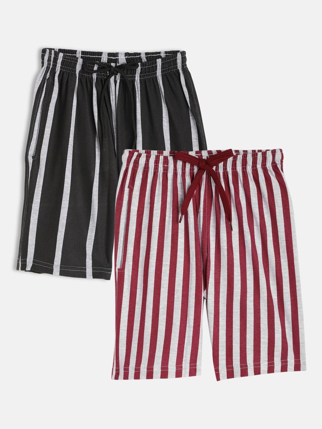 

SEYBIL Girls Pack Of 2 Grey & Magenta Striped Lounge Shorts, Grey melange