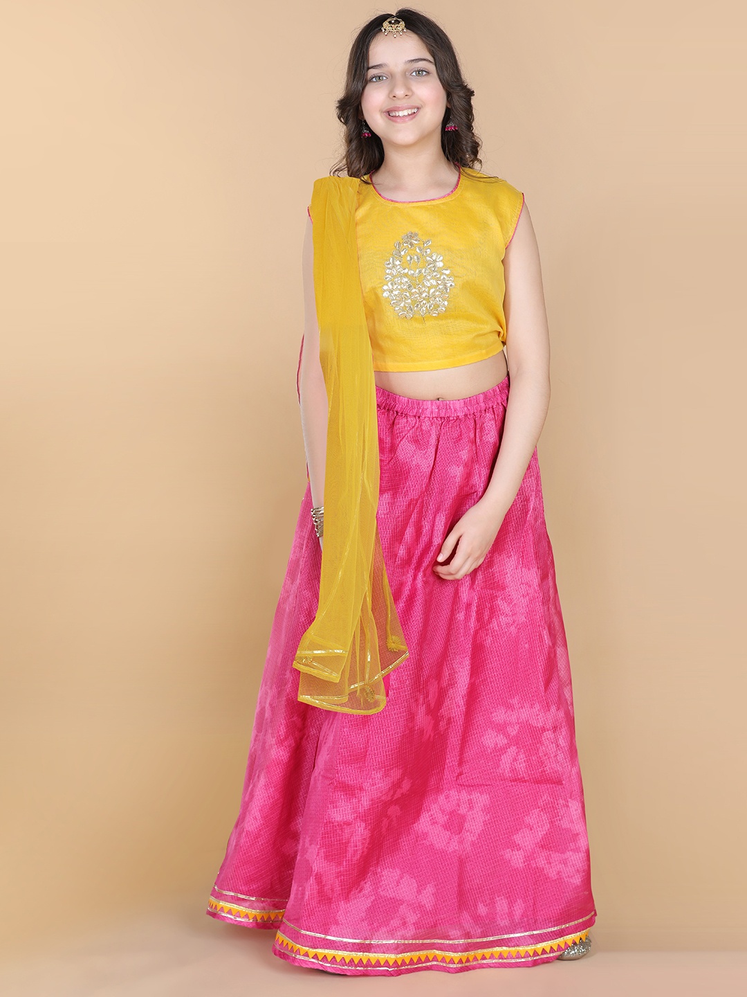 

ADIVA Girls Yellow & Pink Embroidered Ready to Wear Lehenga & Blouse With Dupatta