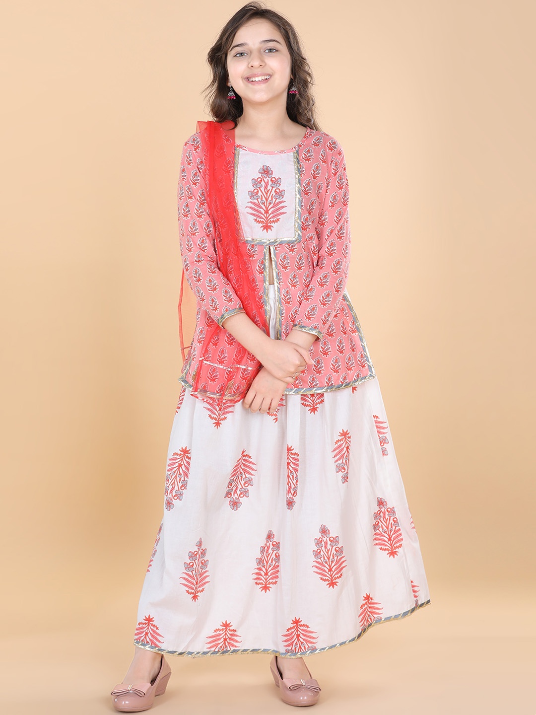 

ADIVA Girls Peach-Coloured & White Printed Ready to Wear Lehenga & Blouse With Dupatta