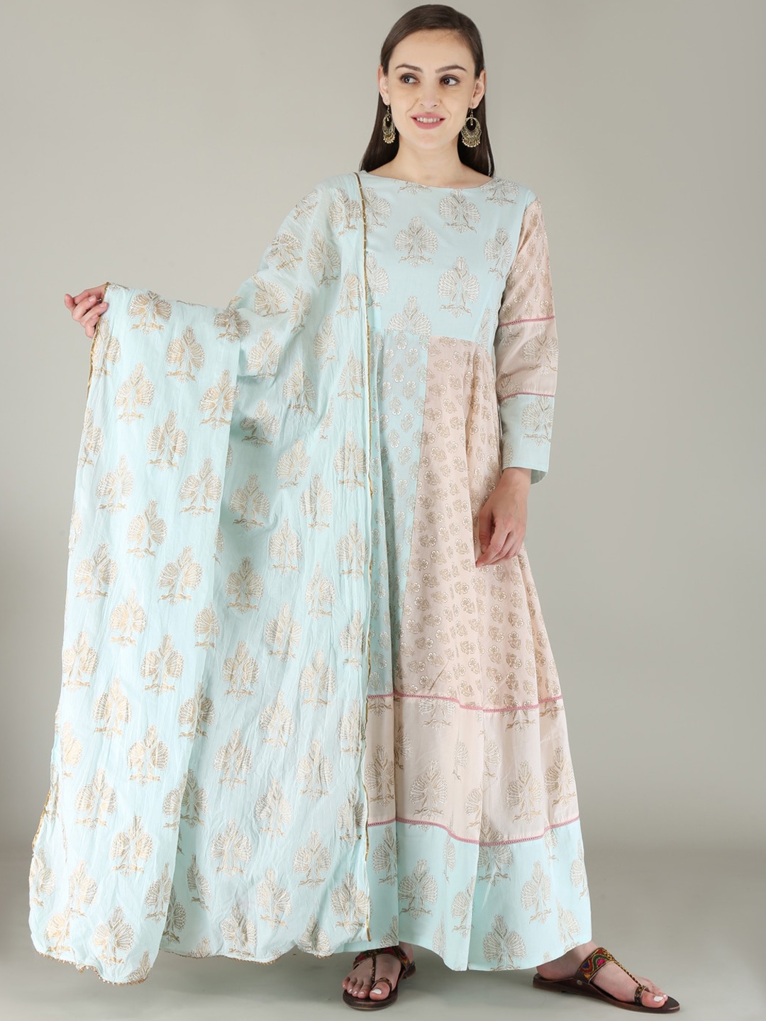 

KALINI Women Blue Ethnic Motifs Printed Tiering Anarkali Kurta with Dupatta