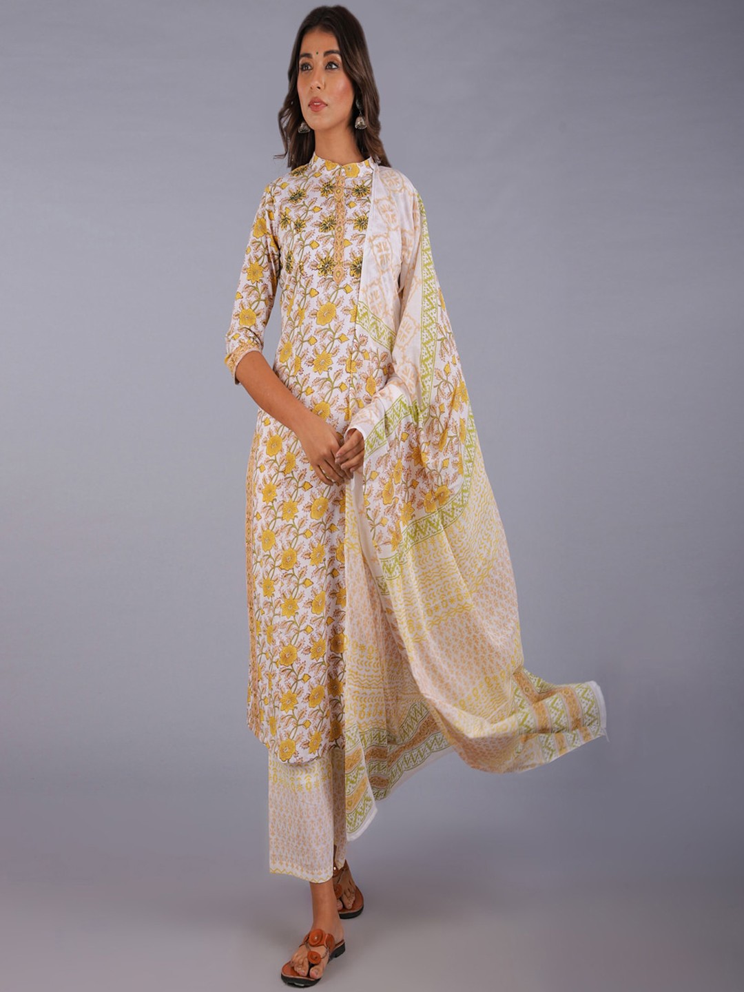 

KALINI Women Yellow Floral Printed Pure Cotton Kurta with Trousers & With Dupatta