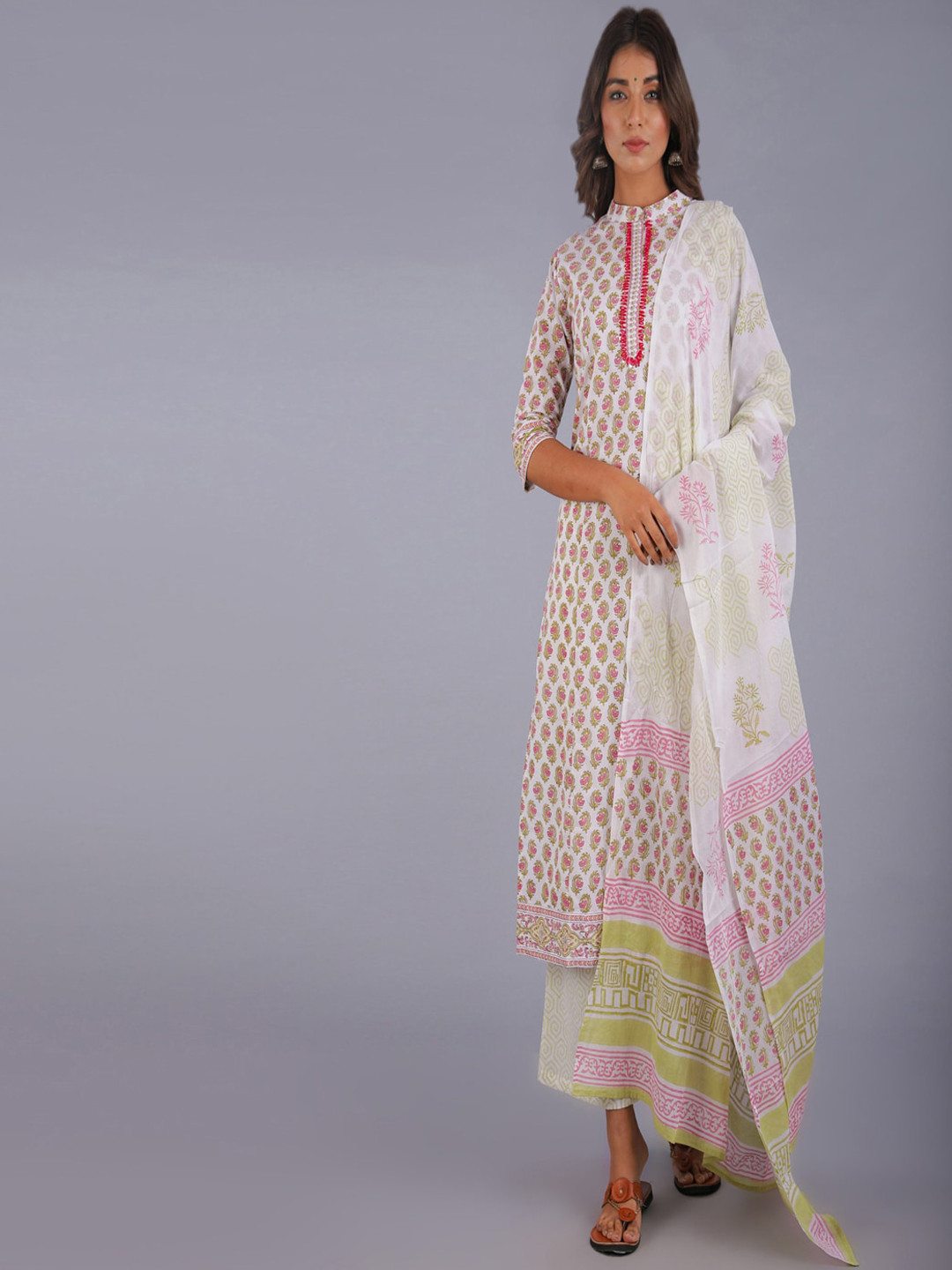 

KALINI Women White Floral Printed Pure Cotton Kurta with Palazzos & With Dupatta