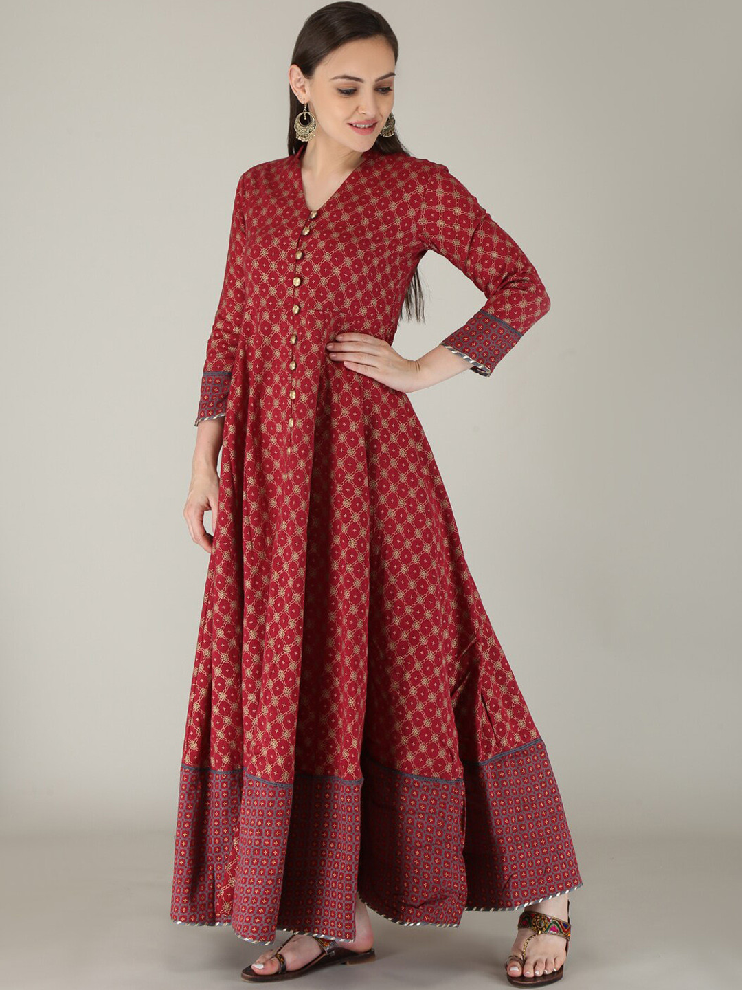 

KALINI Women Red & Beige Floral Printed Anarkali Kurta With Dupatta