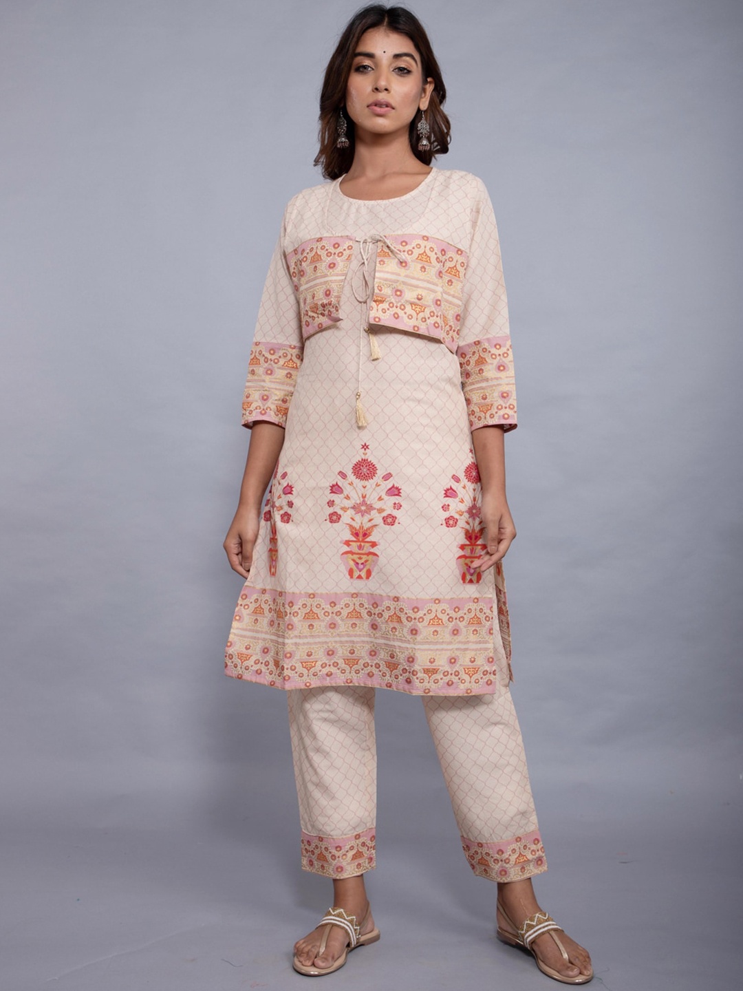 

KALINI Women Cream-Coloured Printed Pure Cotton Kurta with Trousers\