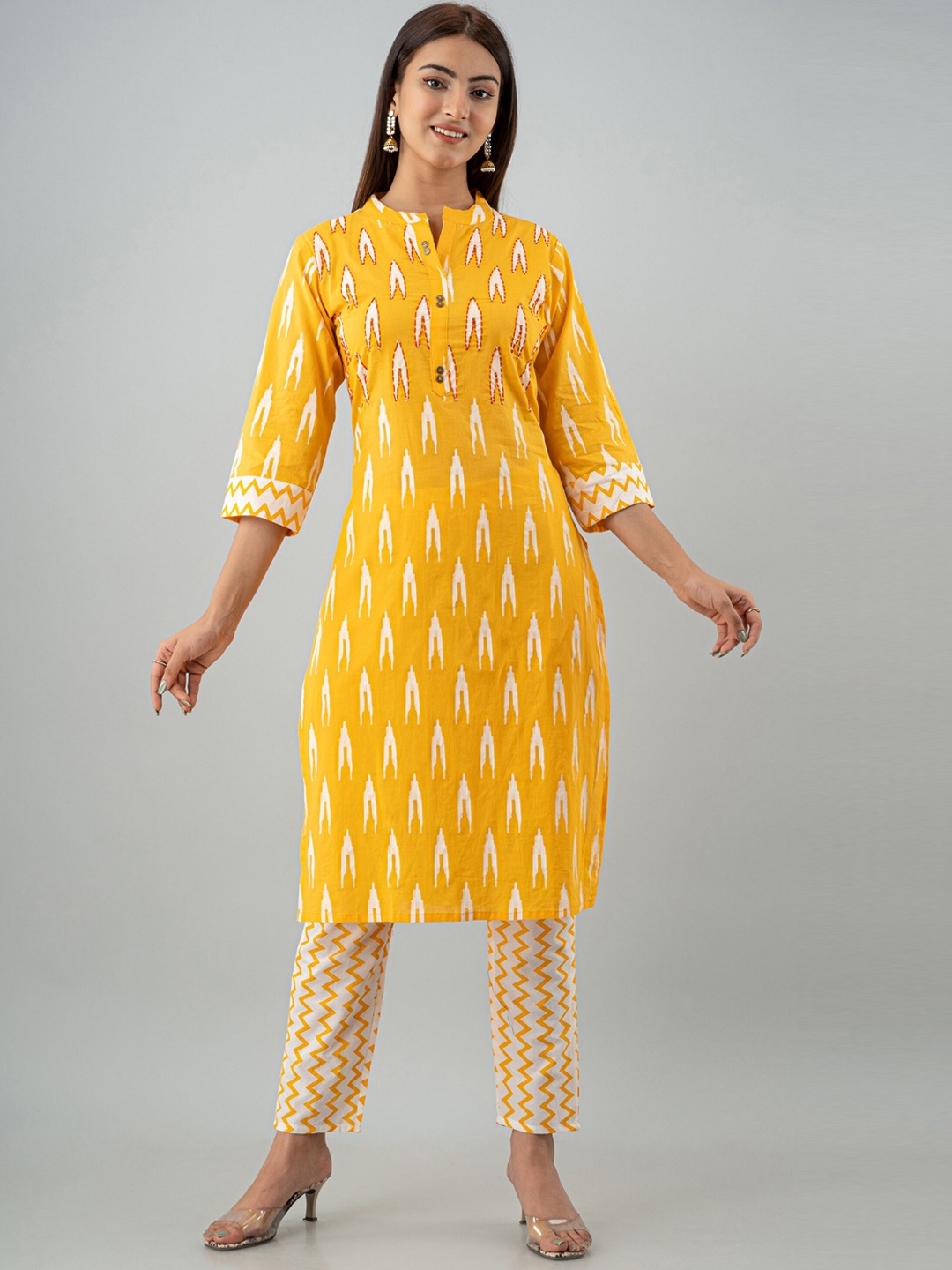 

KALINI Woman Yellow Printed Pure Cotton Kurta with Trousers