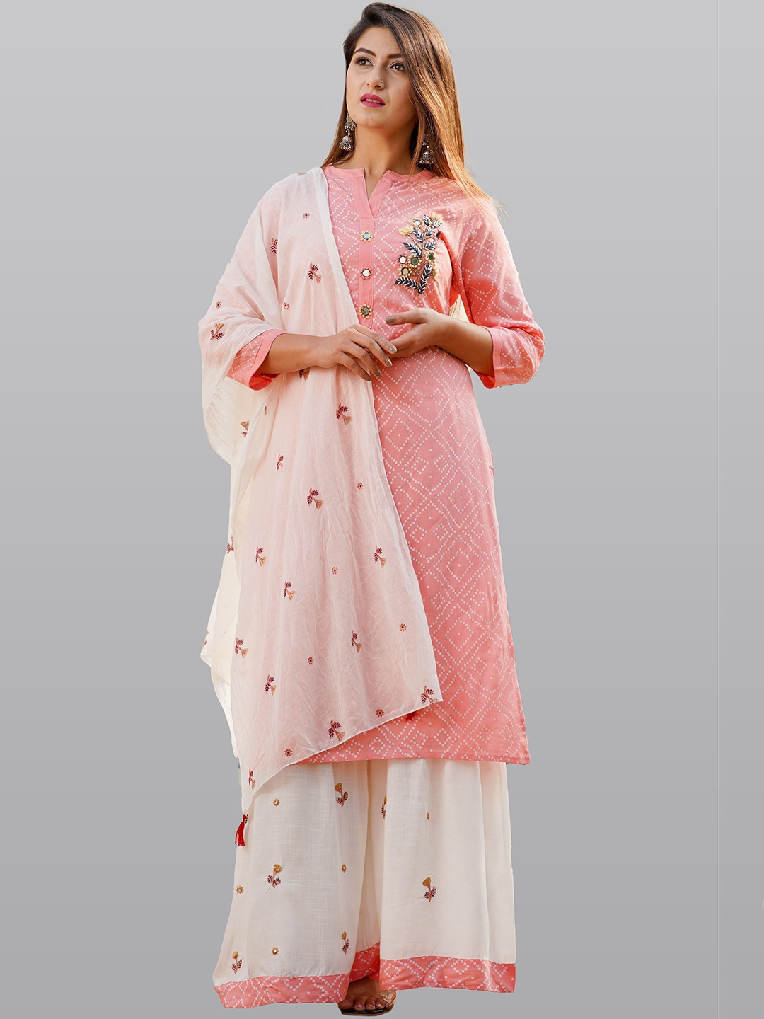 

KALINI Women Cream-Coloured Floral Embroidered Pure Cotton Kurta with Palazzos & Dupatta