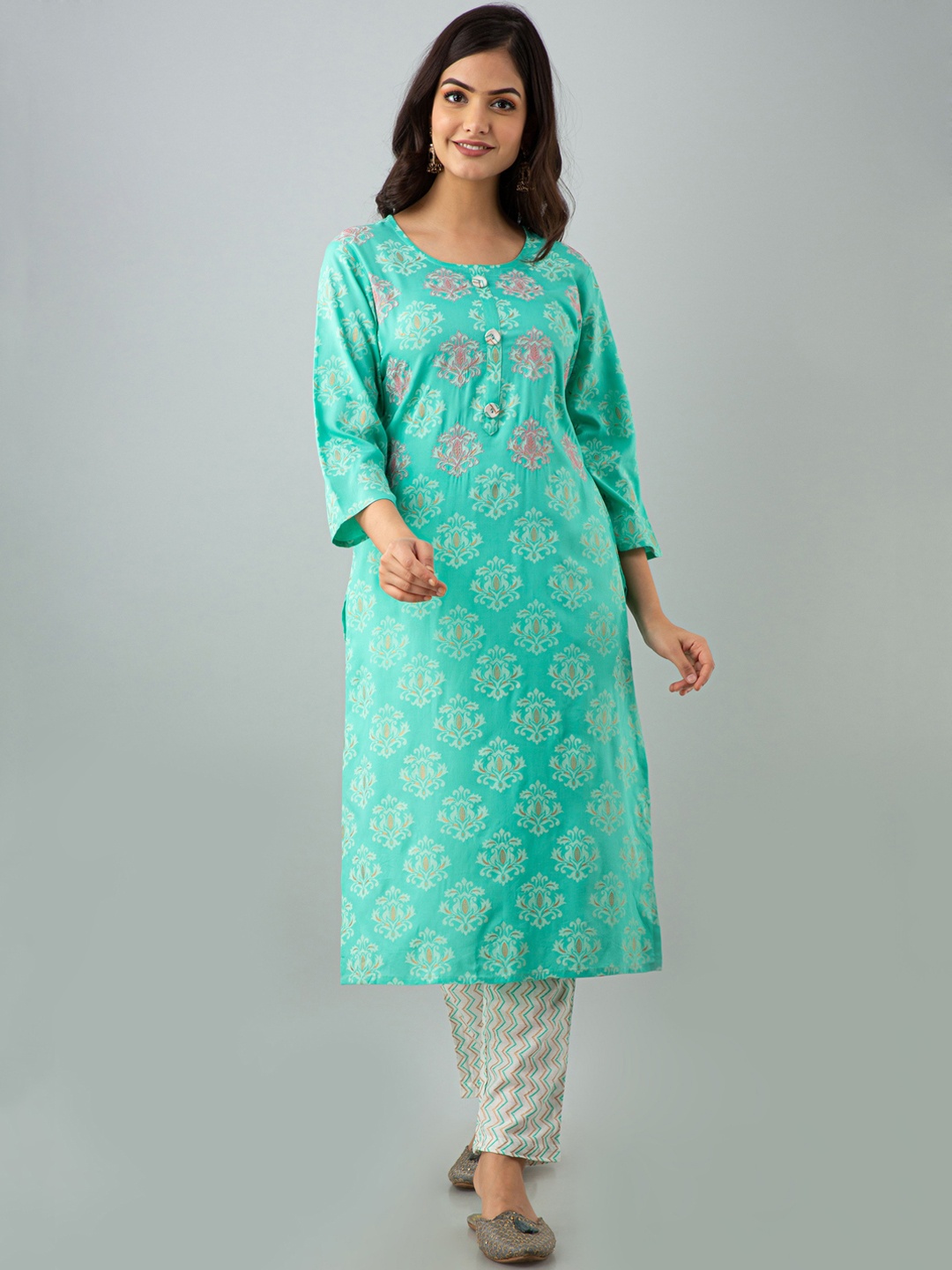 

KALINI Women Teal Ethnic Motifs Printed Straight Kurti with Trousers