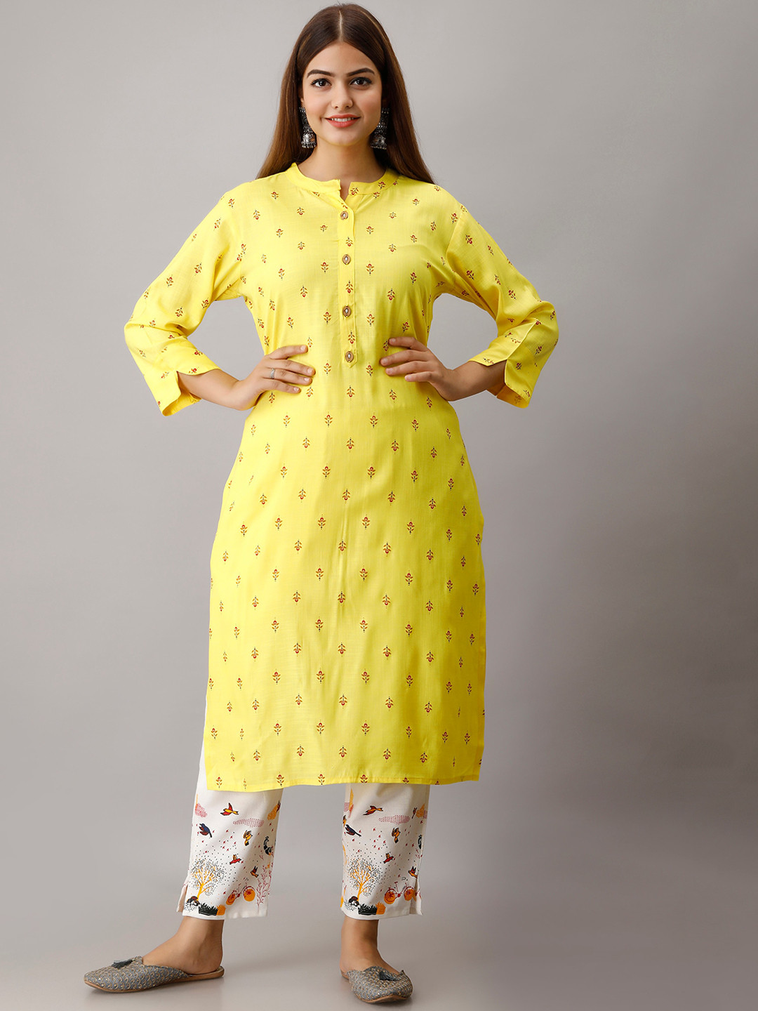 

KALINI Women Yellow & White Ethnic Motifs Printed Kurta with Trousers