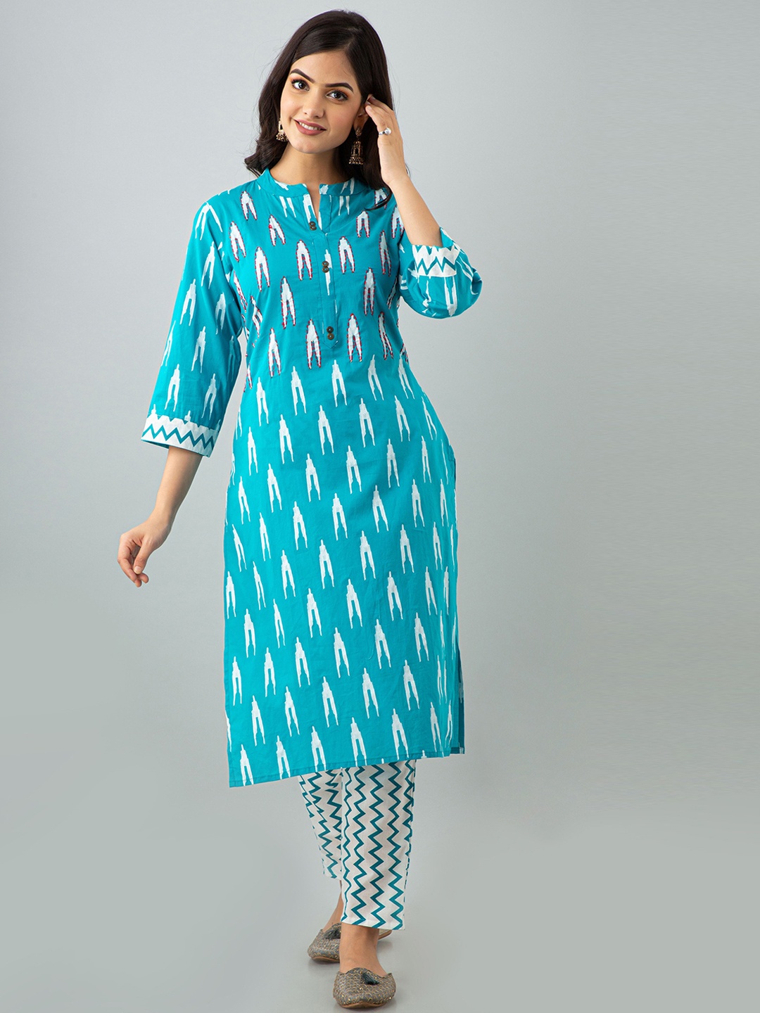 

KALINI Women Turquoise Blue Ethnic Motifs Printed Pure Cotton Kurta with Trousers