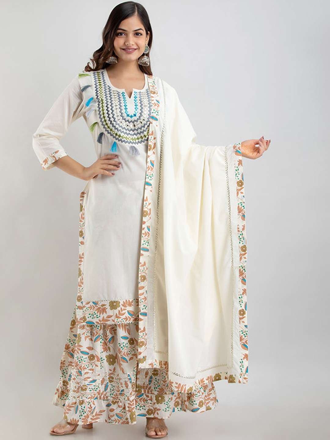 

KALINI Off White Floral Yoke Desig Mirror Work Pure Cotton Kurta & Sharara With Dupatta