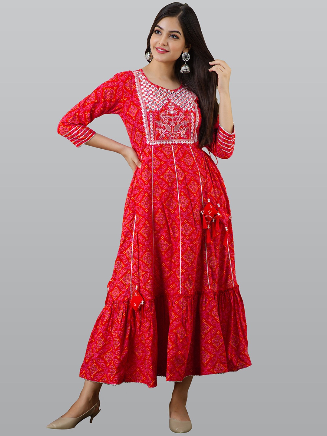 

KALINI Women Red Ethnic Motifs Printed Thread Work Floral Anarkali Kurta