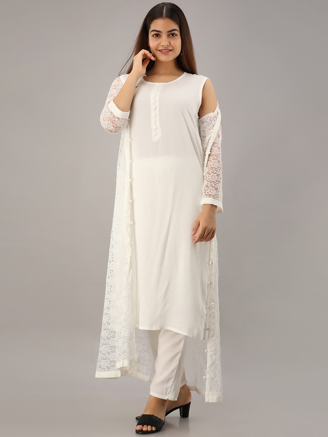 

KALINI Women White Kurta with Trousers & With Dupatta