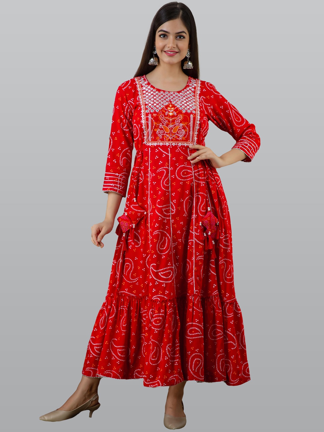 

KALINI Women Red & White Bandhani Printed Thread Work Anarkali Kurta