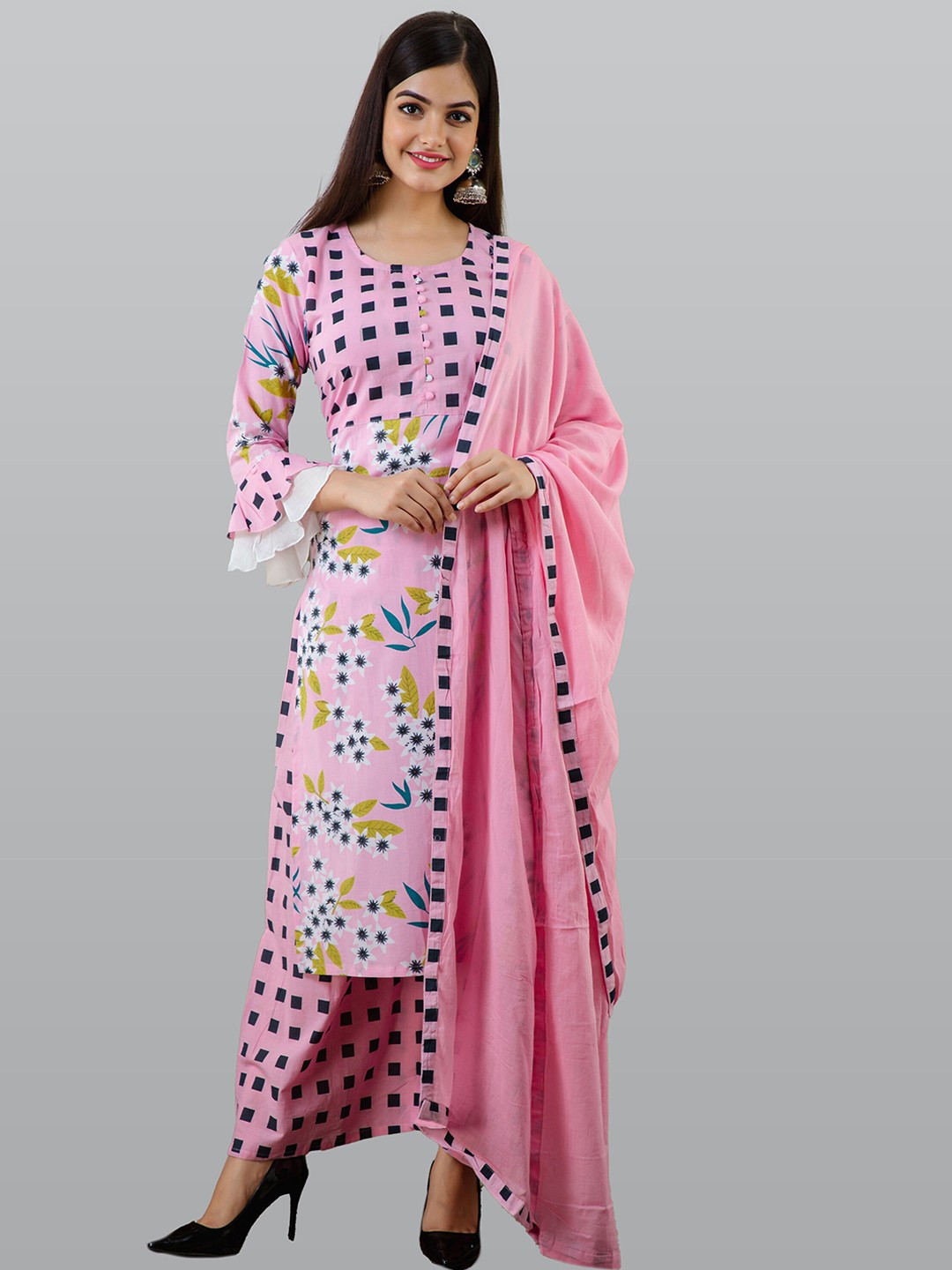 

KALINI Women Pink Floral Printed Pure Cotton Kurta with Palazzos & With Dupatta