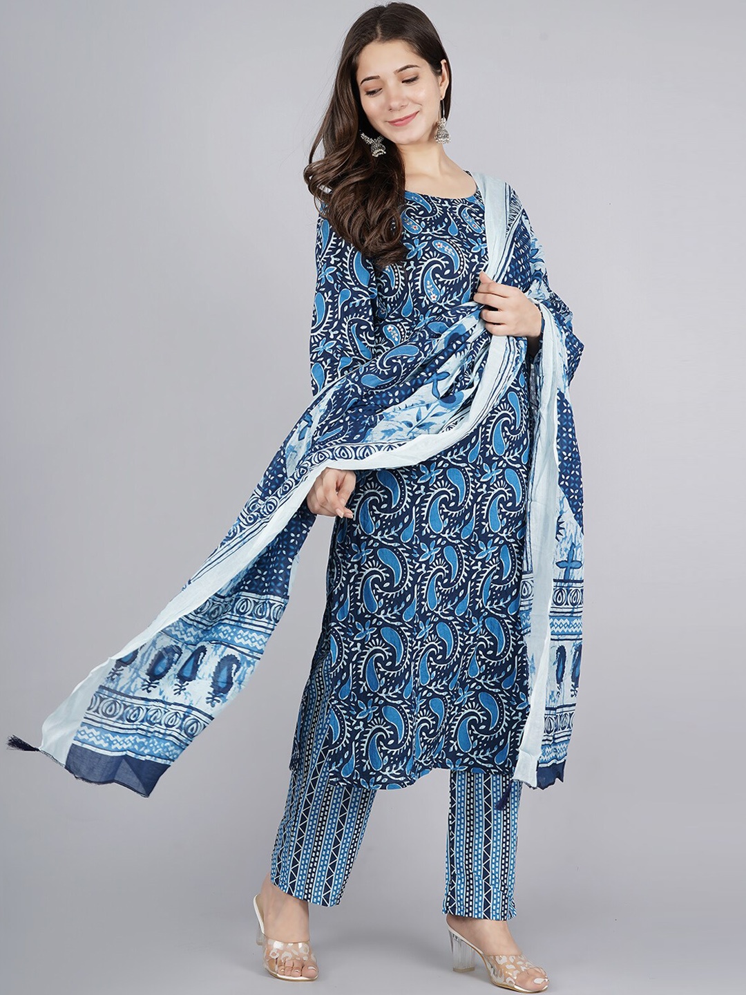 

KALINI Women Blue Ethnic Motifs Printed Pure Cotton Kurta with Trousers & With Dupatta