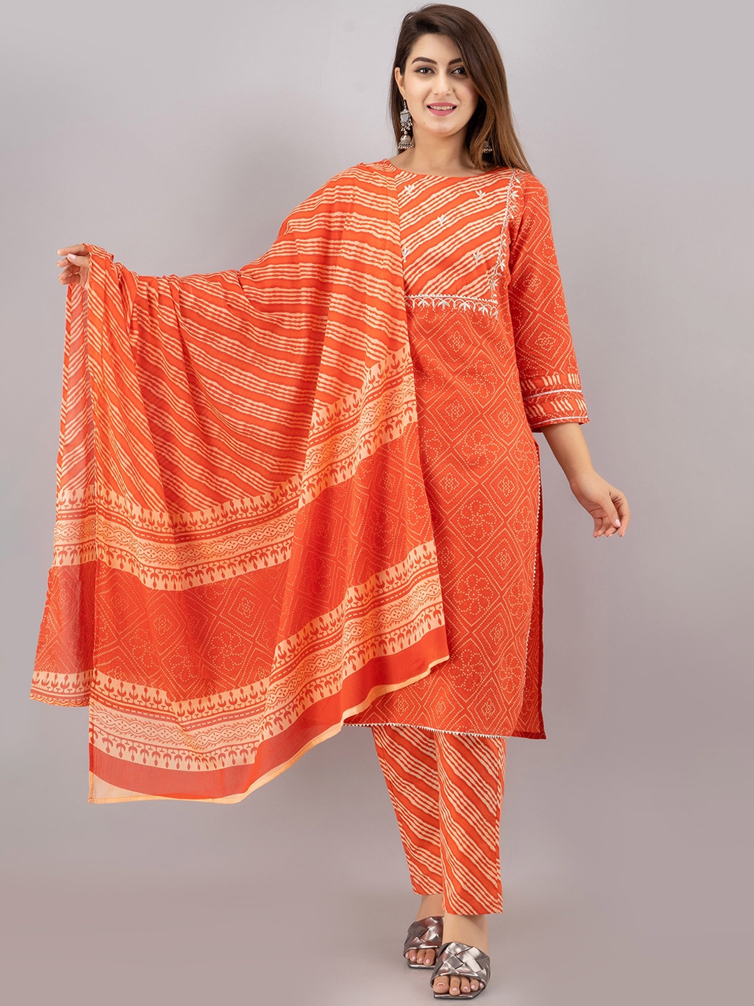 

KALINI Woman Orange Printed Gotta Patti Pure Cotton Kurta with Trousers & Dupatta