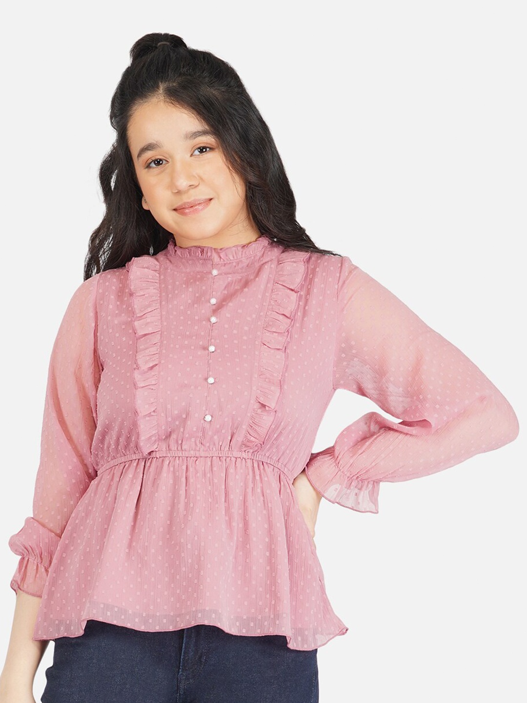 

Antheaa Girls Pink Ruffles Chiffon A-Line Top