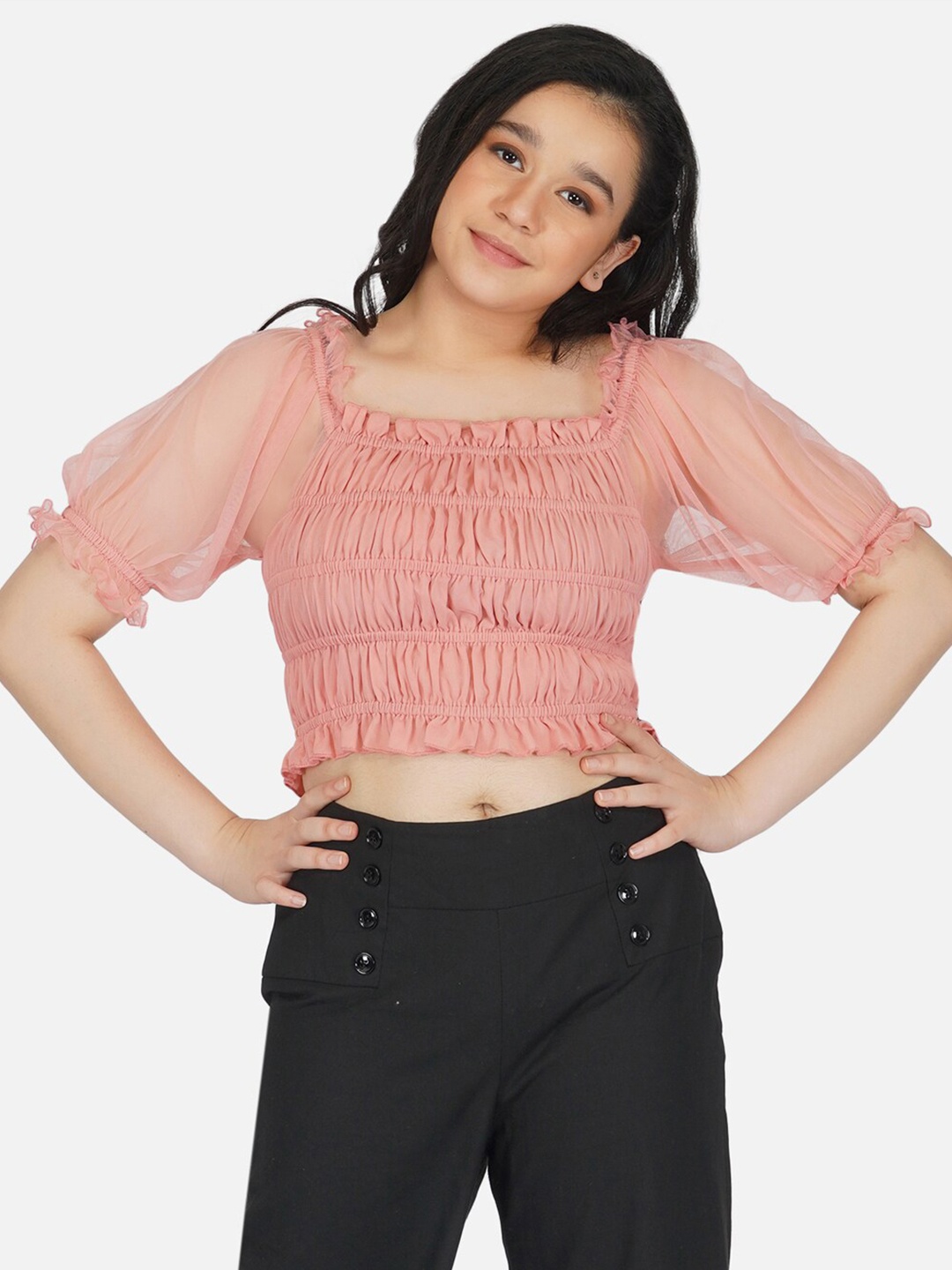 

Antheaa Peach-Coloured Smocked Net Crop Top