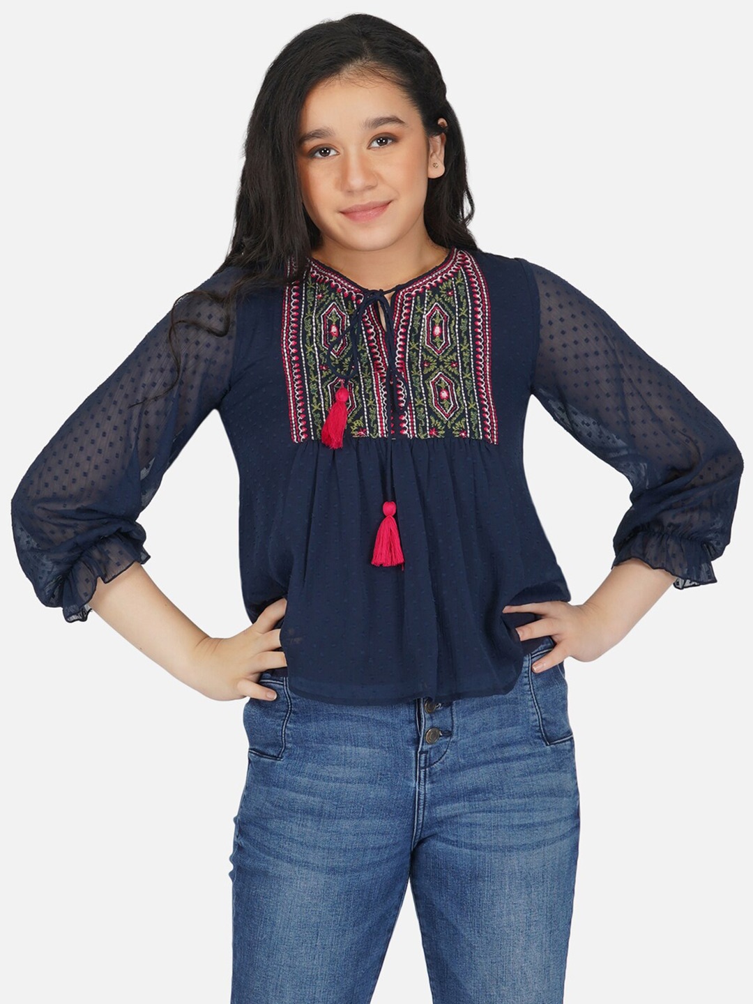 

Antheaa Navy Blue Tie-Up Neck Chiffon Top