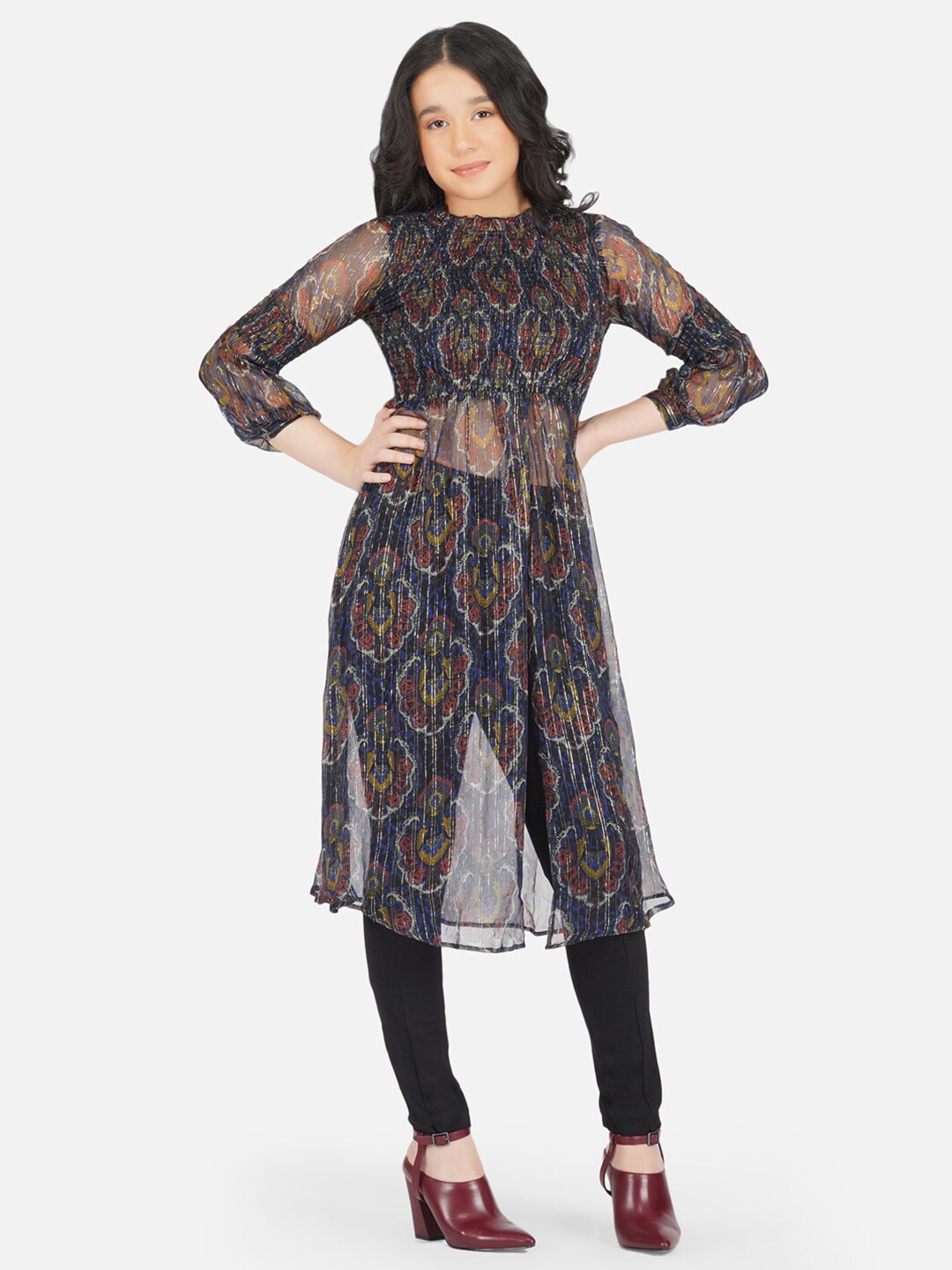 

Antheaa Navy Blue Print Smocked Chiffon Maxi Longline Top