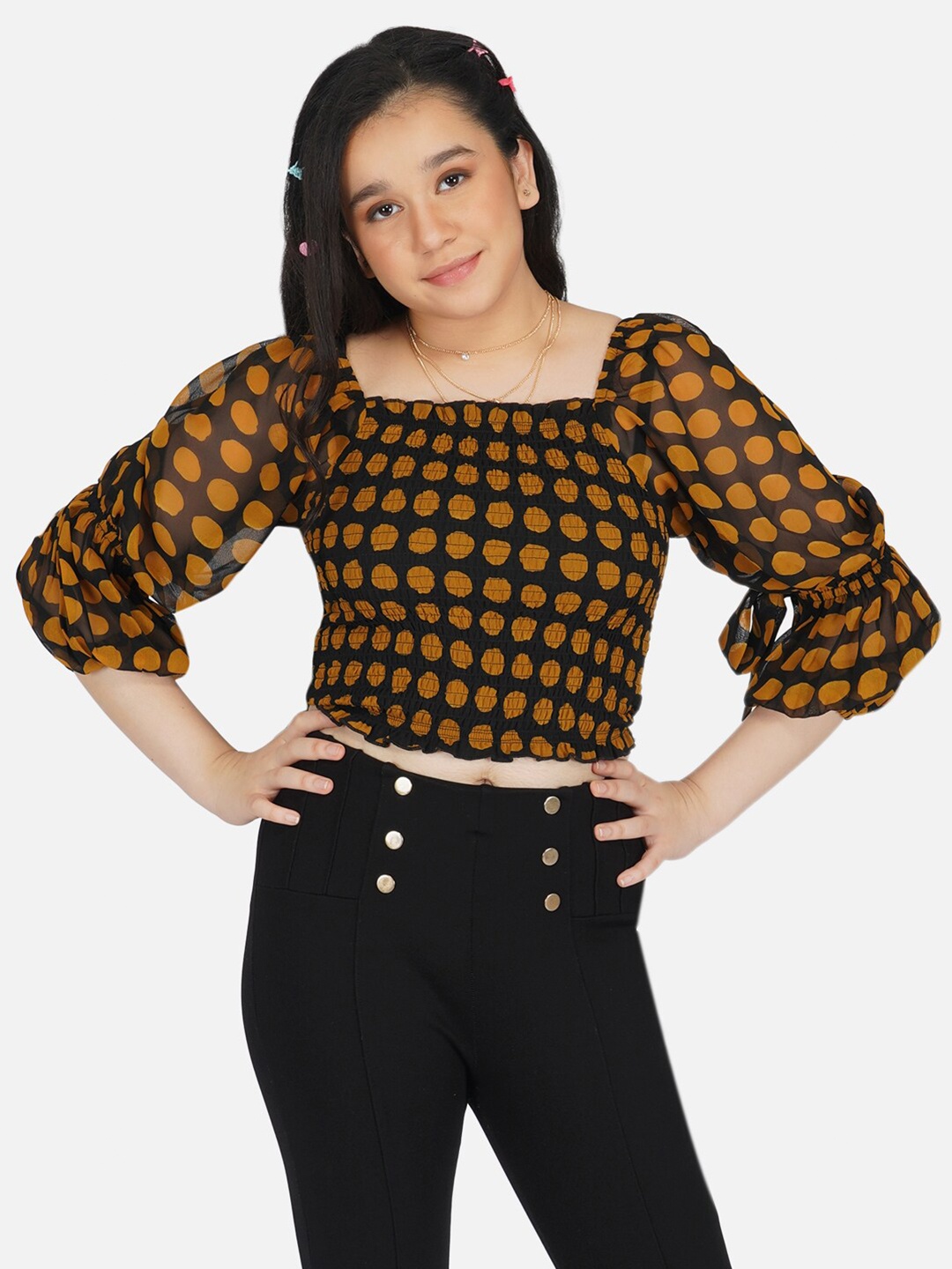 

Antheaa Girls Black & Brown Polka Dot Print Smocked Georgette Crop Top