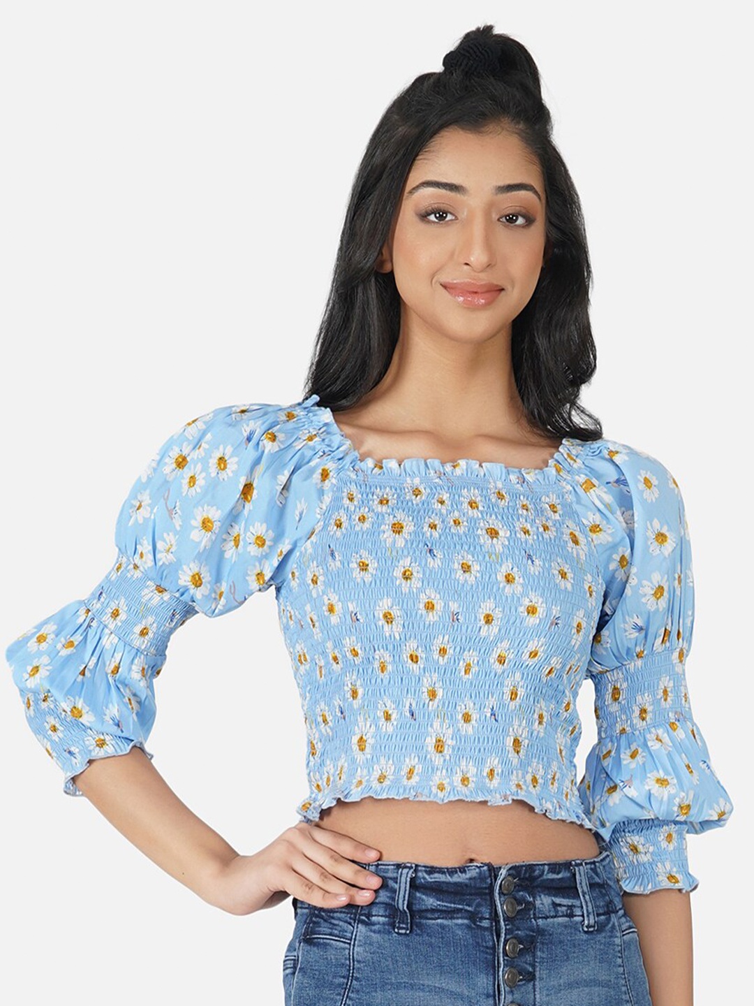 

Antheaa Blue & Yellow Floral Print Smocked Crepe Crop Top