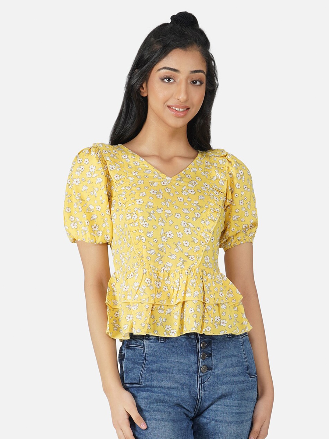 

Antheaa Yellow Floral Print Layered Peplum Top