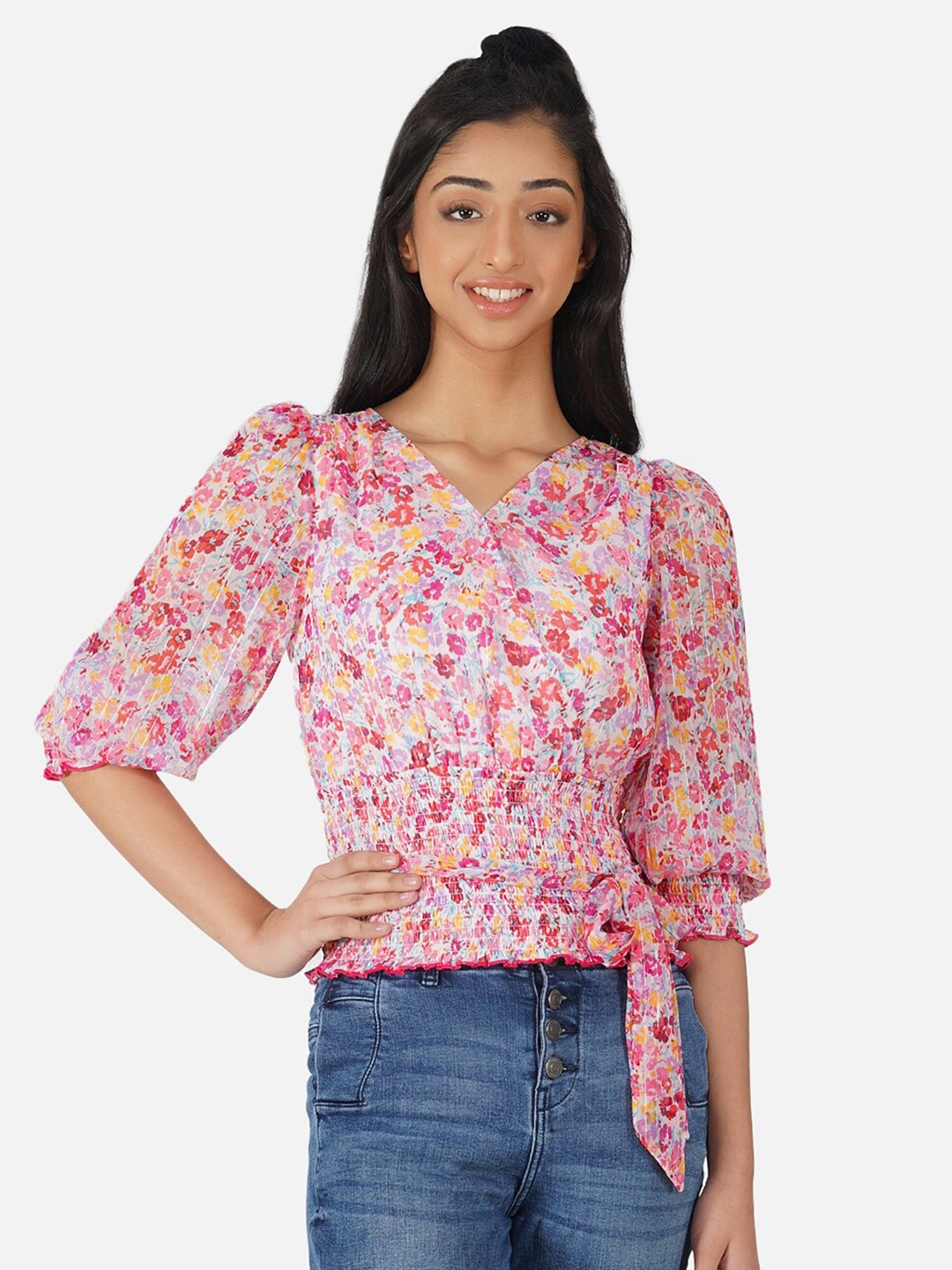 

Antheaa Pink Floral Print Smocked Chiffon Blouson Top