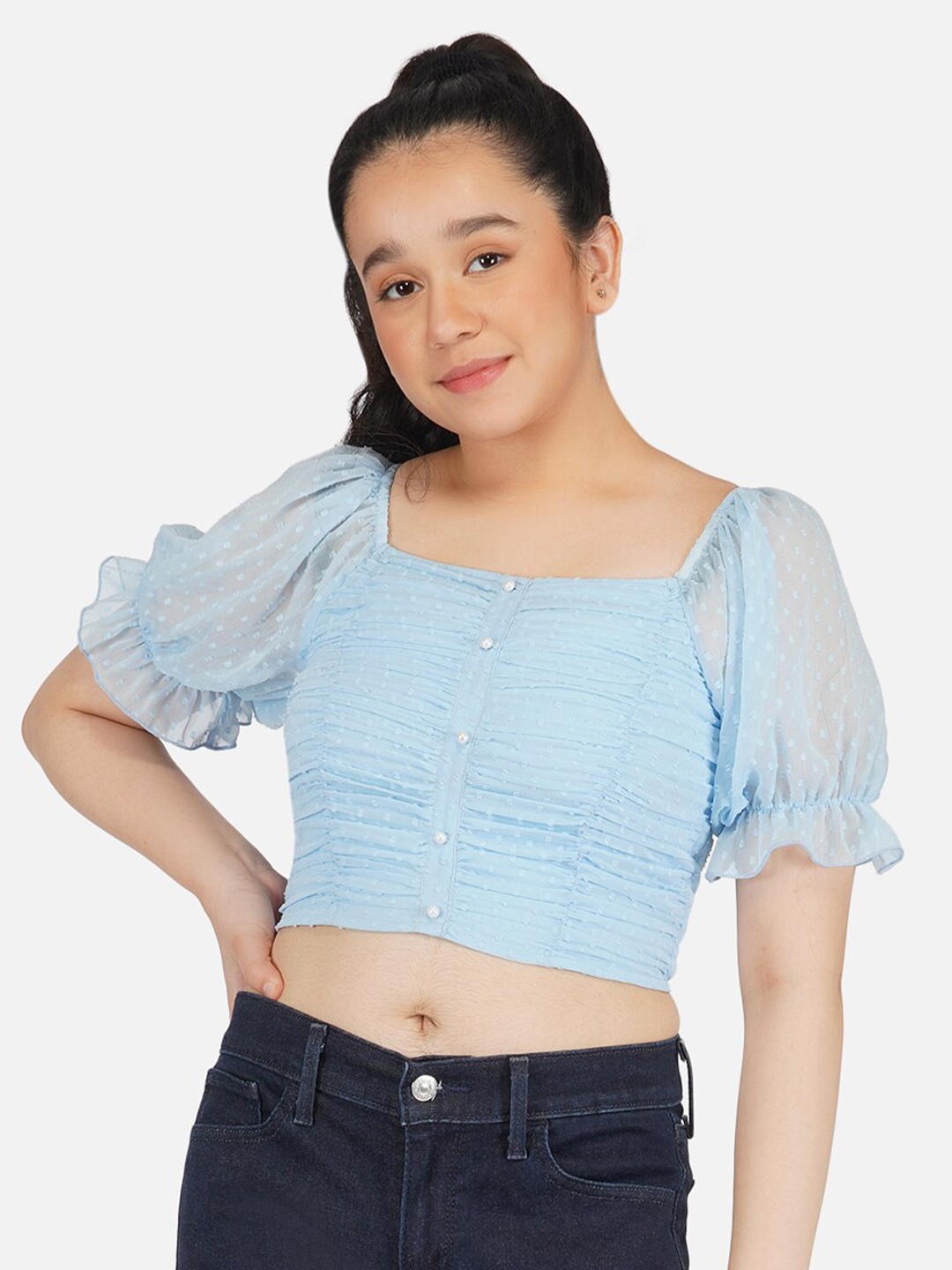 

Antheaa Girls Blue Ruched Chiffon Crop Top