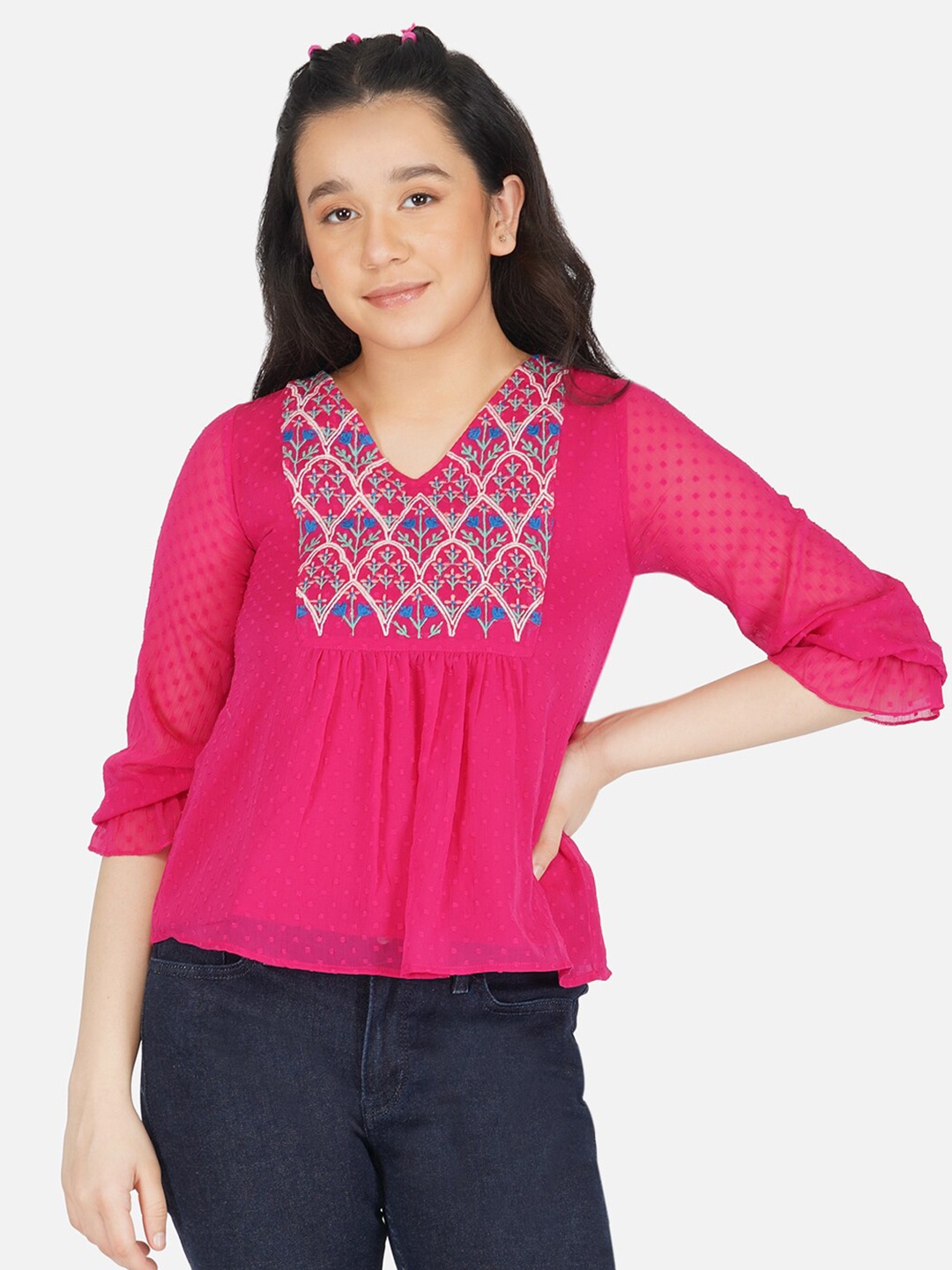 

Antheaa Fuchsia Print Chiffon Top