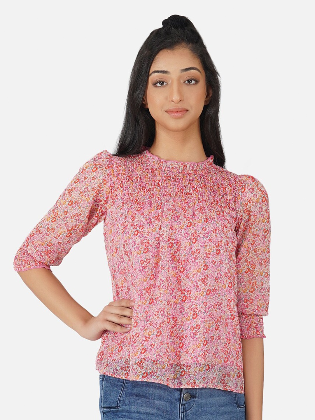 

Antheaa Pink Floral Print Smocked Georgette Top