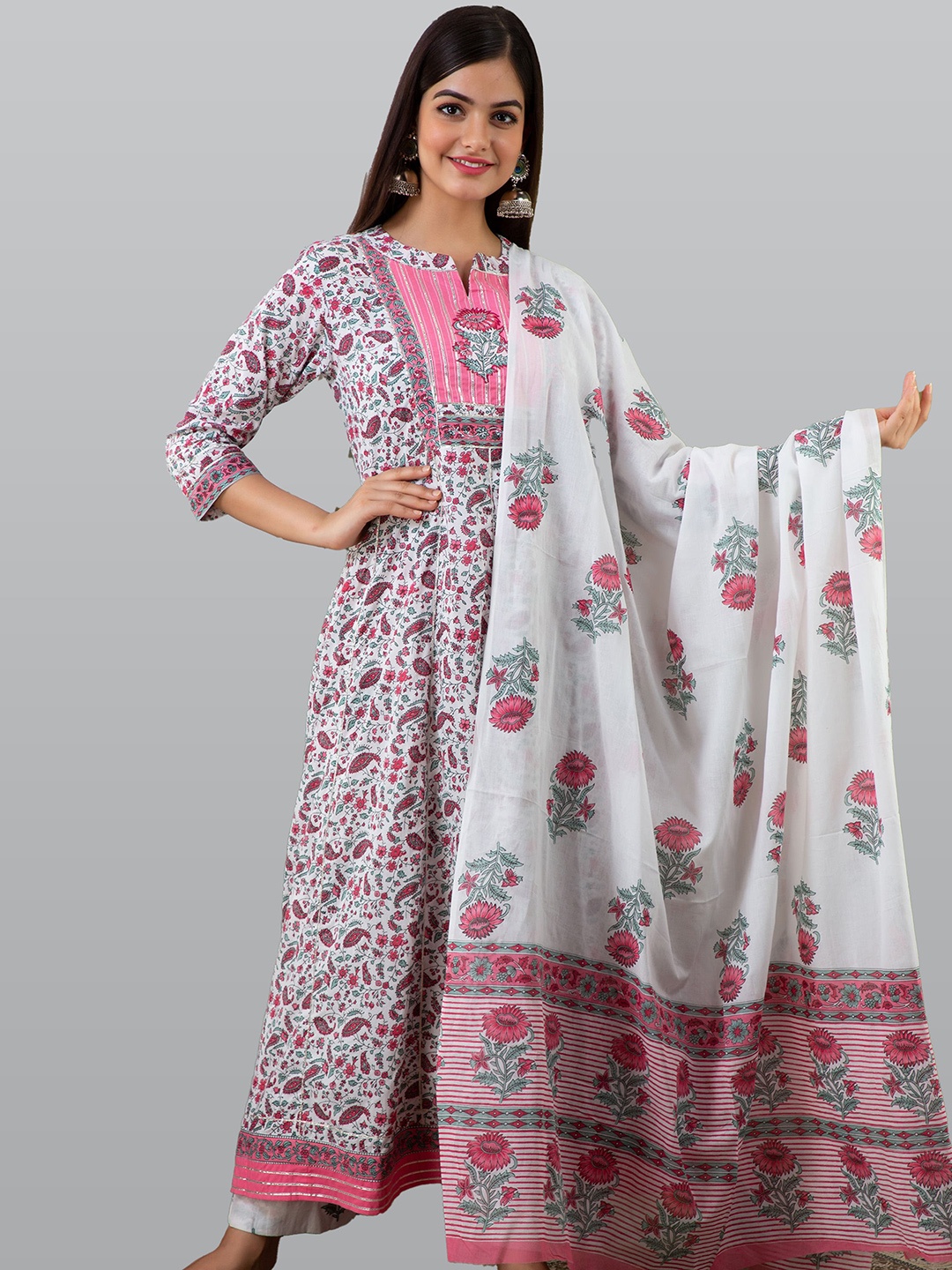 

KALINI Women White Printed Empire Pure Cotton Kurti with Palazzos & Dupatta