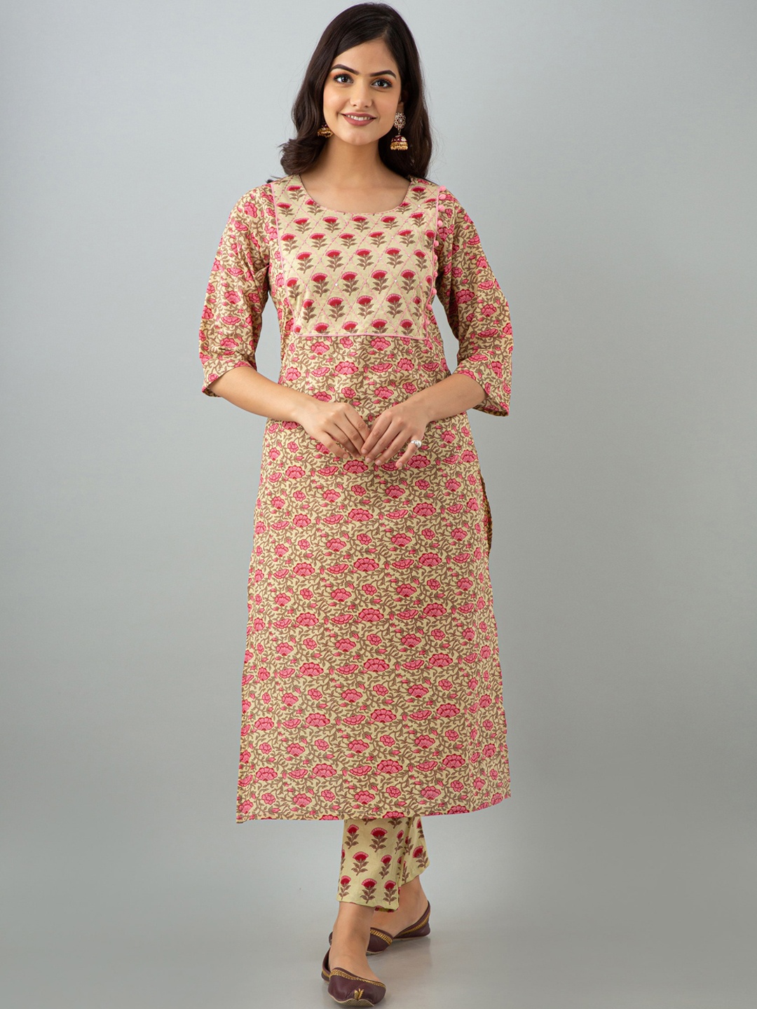 

KALINI Women Beige & Red Floral Printed Pure Cotton Kurta with Palazzos