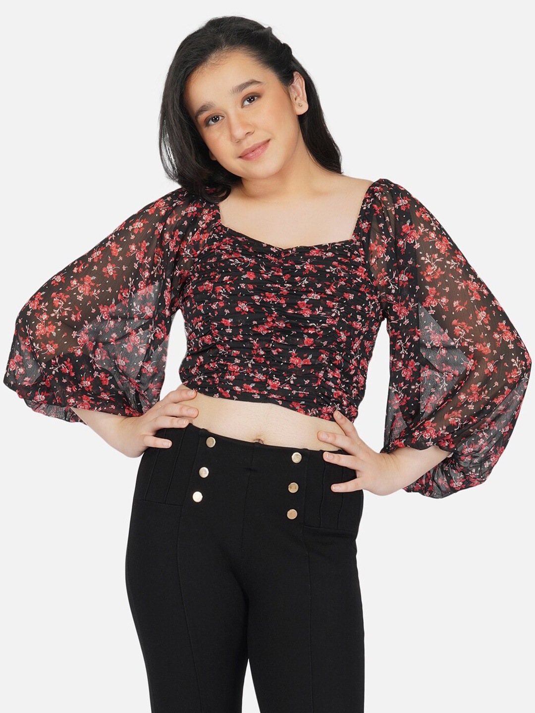 

Antheaa Black Floral Print Smocked Chiffon Blouson Crop Top