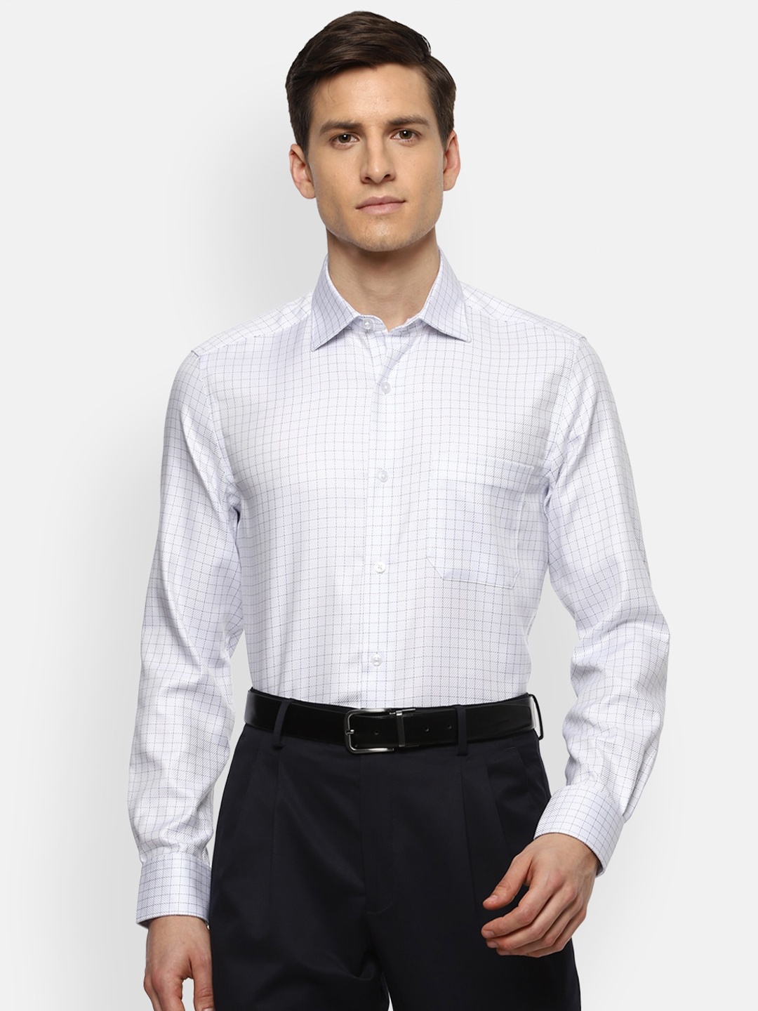 

Louis Philippe Permapress Men White & Blue Checked Pure Cotton Formal Shirt