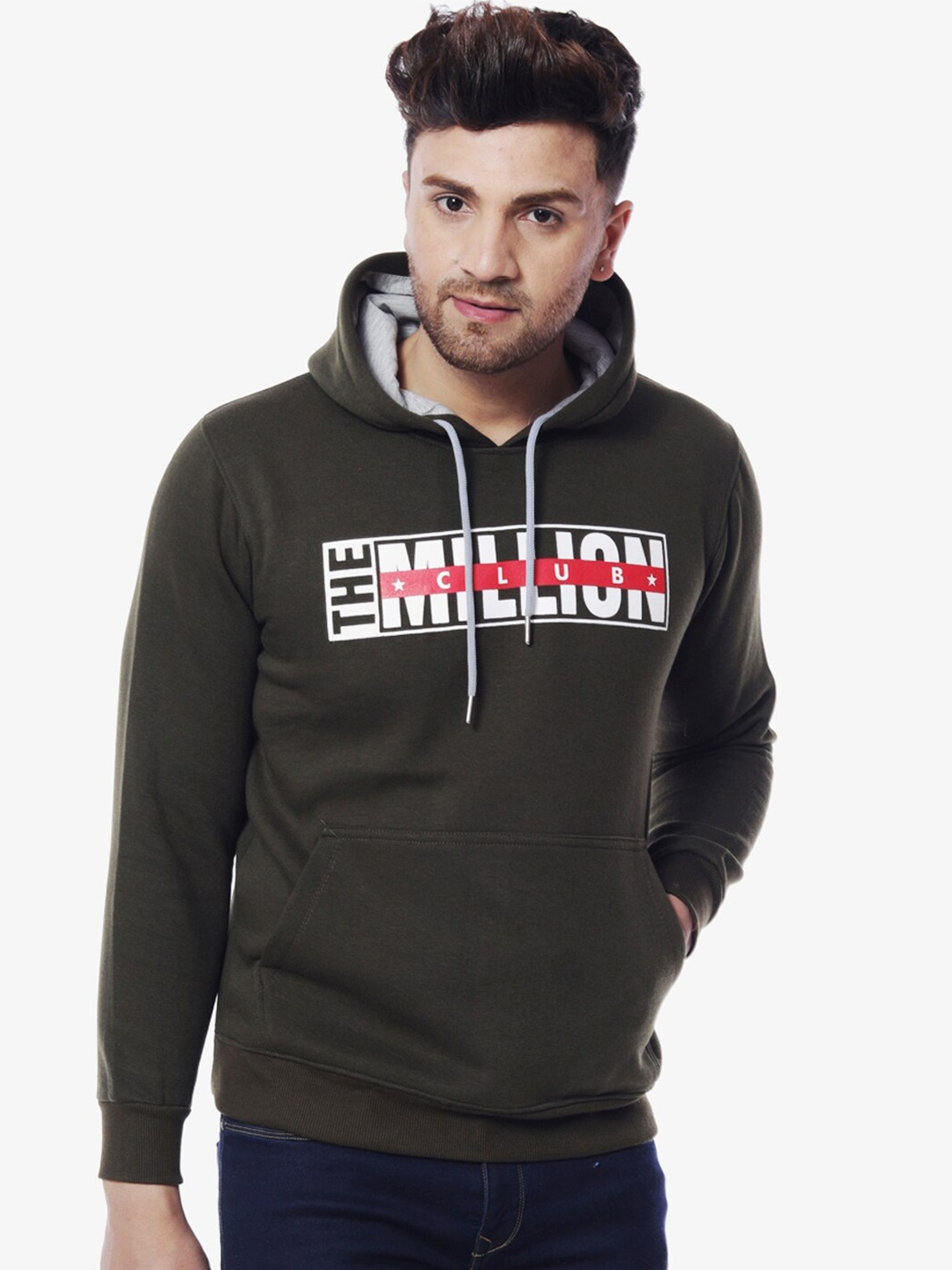 

THE MILLION CLUB Men Olive Green Printed Hooded Sweatshirt