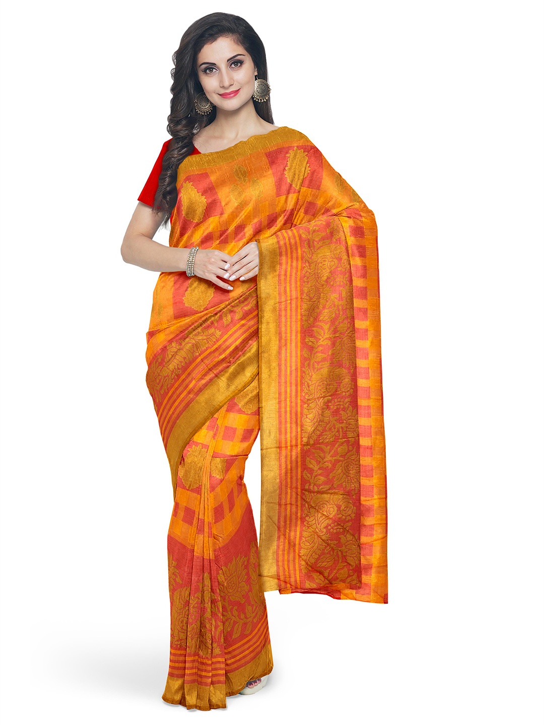 

Kalamandir Red & Orange Ethnic Motifs Zari Brasso Saree