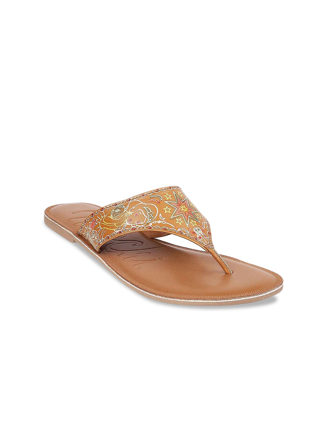 

Mochi Women Tan Printed Open Toe Flats with Embroidered