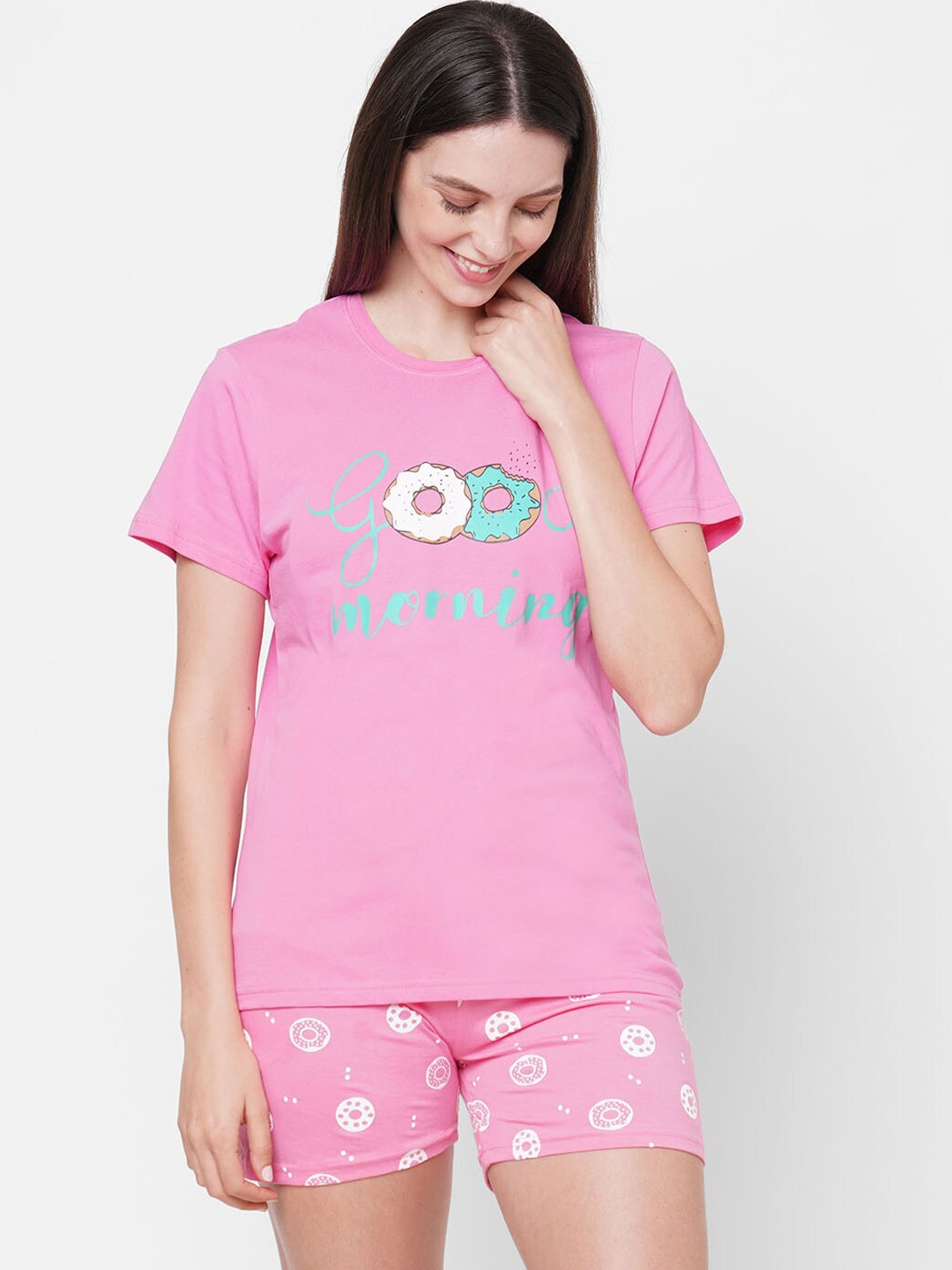 

evolove Women Pink & Blue Printed Pure Cotton Night suit