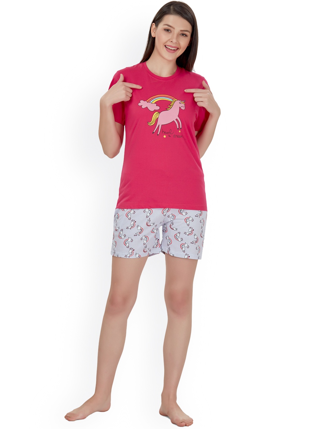 

evolove Women Pink Graphic Printed Pure Cotton Night Suits
