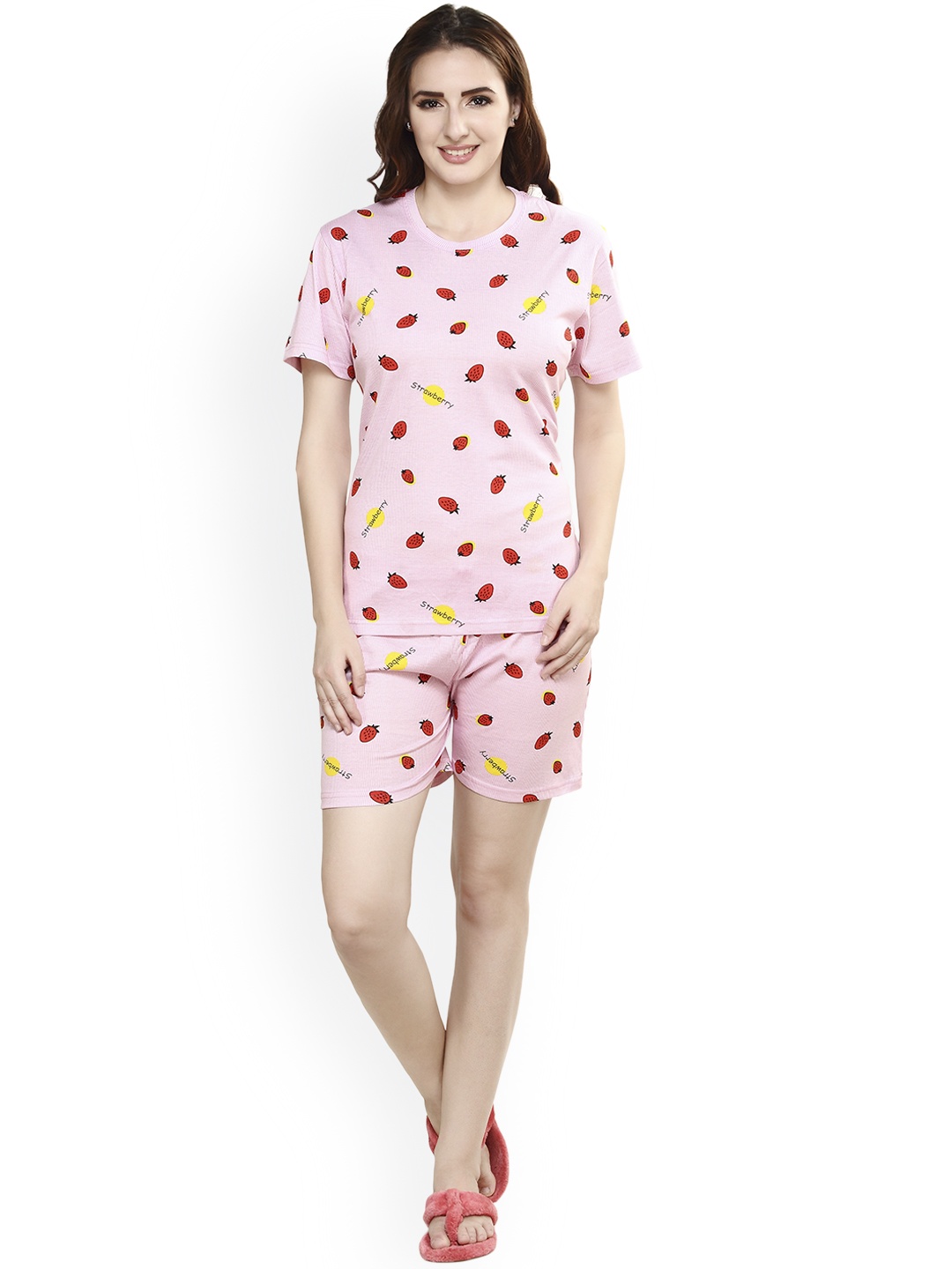 

evolove Women Pink & Red Printed Pure Cotton Night suit