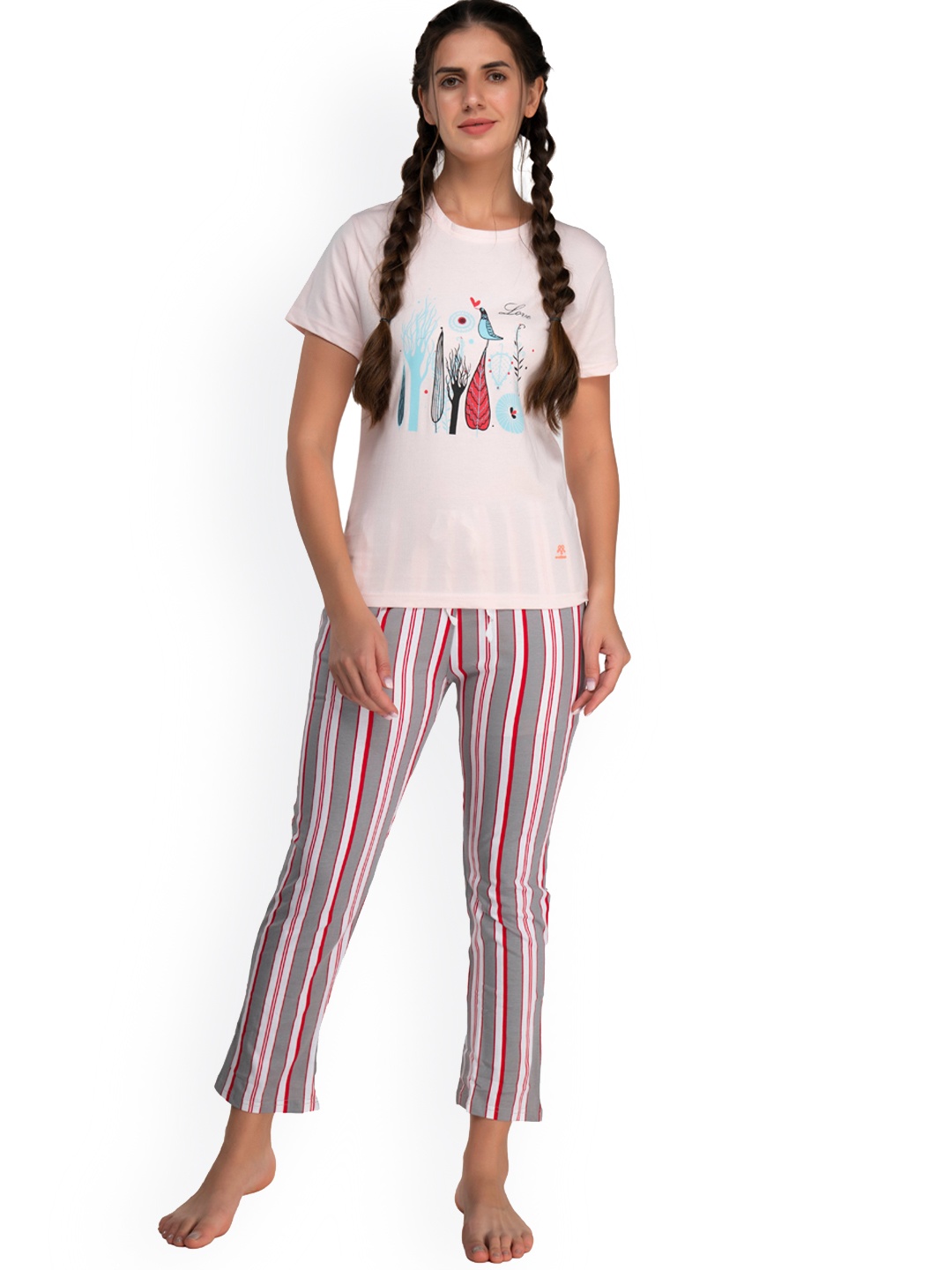 

evolove Women Pink & White Printed Night suit