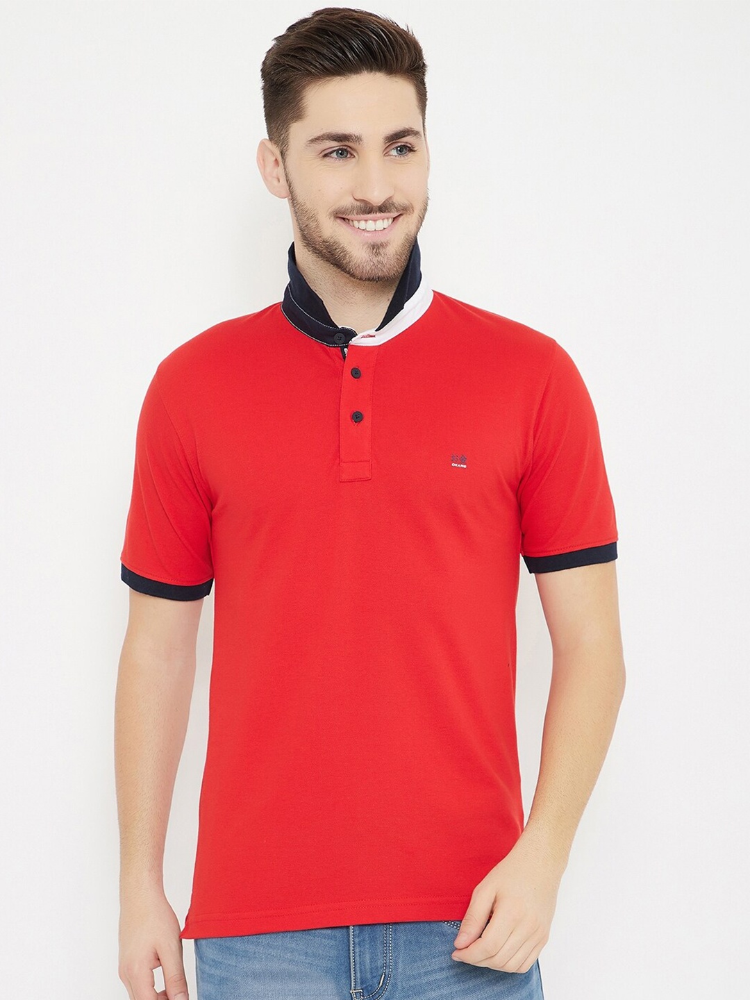 

Okane Men Red Mandarin Collar Pockets T-shirt