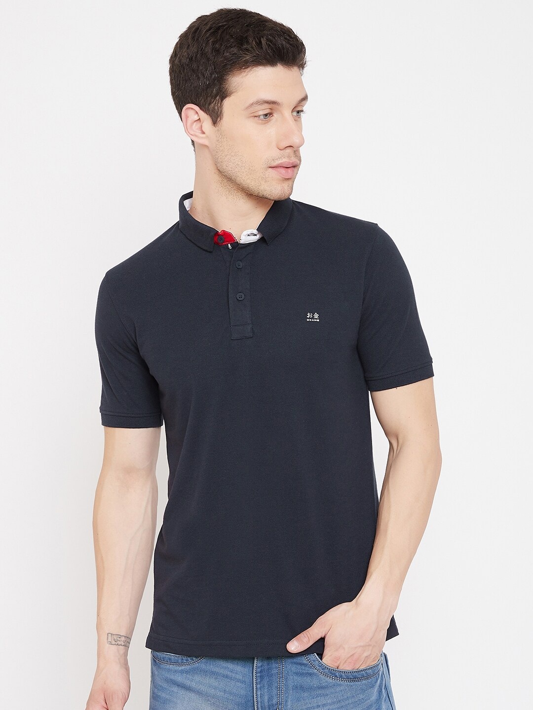 

Okane Men Navy Blue Polo Collar Cotton T-shirt